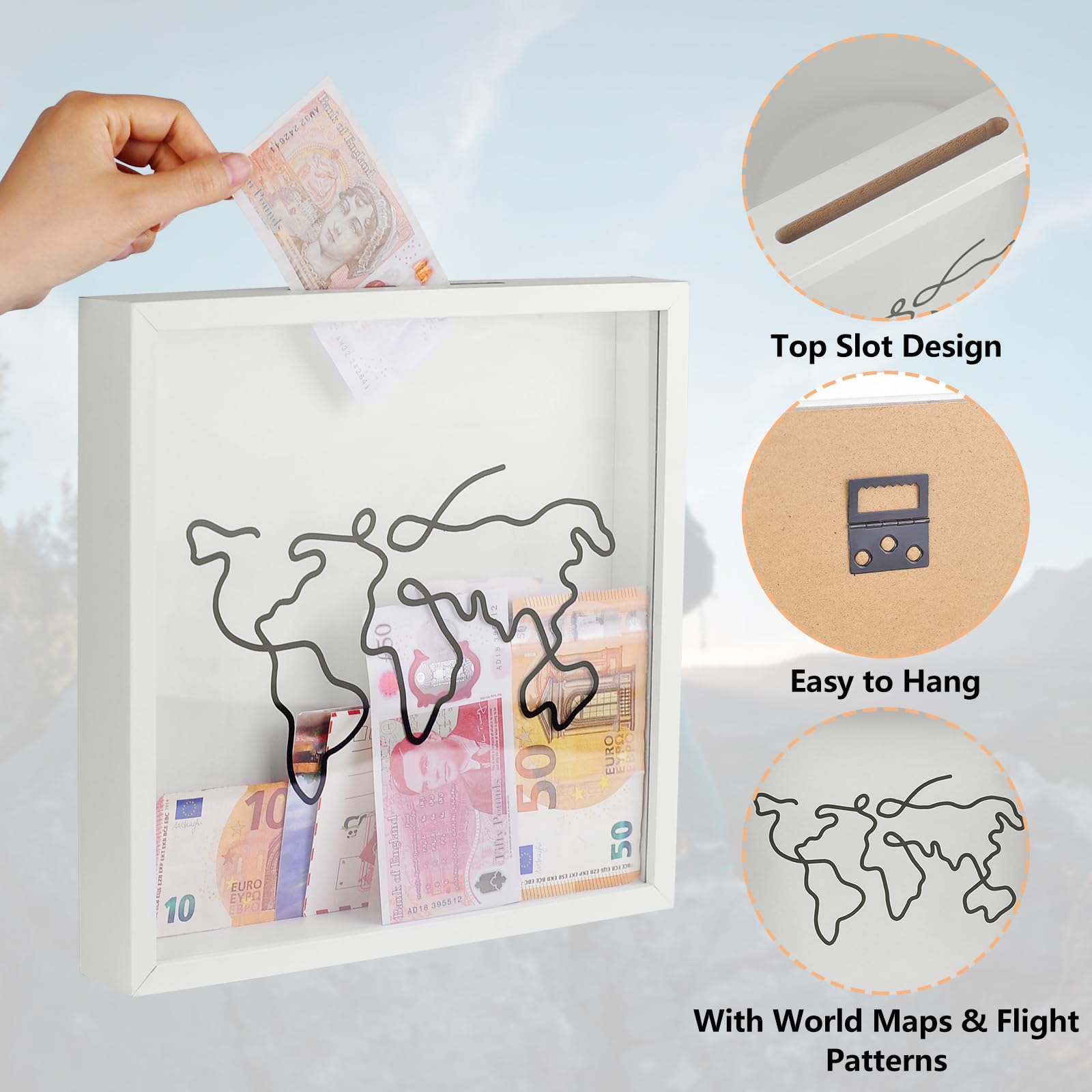 Scatola per archivio di avventure, scatola dei ricordi di viaggio e avventura, scatola bianca da viaggio con slot e design con mappa del mondo (1 pezzo, 28 x 28 cm)