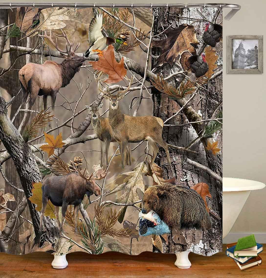 OLEBETY 4PCS/Set Camo Deer Shower Curtain, Elk Moose Bear Mallard Duck Turkey Animal Hunting Fishing Woodland Lodge Rustic Cabin Bathroom Decor, Non-slip Bath Rugs Toilet Mats, Gifts for Men, Wildlife : Home & Kitchen