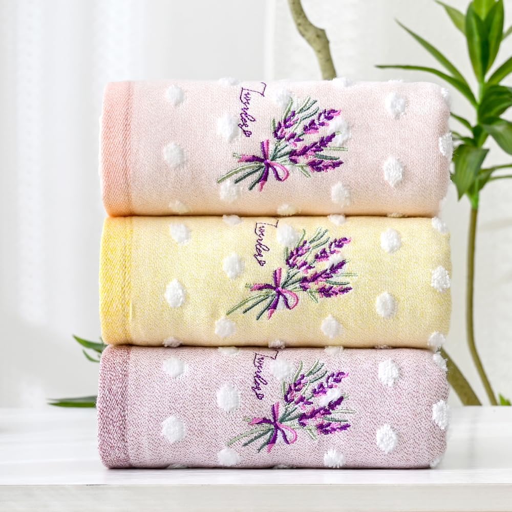 YiLUOMO Polka Dot Pink Hand Towel Set of 2 Super Soft 100% Cotton Muslin & Terry Highly Absorbent Lavender Embroidered Decorative Hand Towels for Bathroom