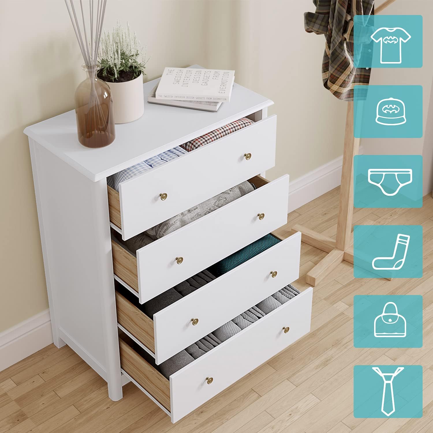Dresser Chest of Drawers, Bedroom Dresser with 4 Drawers, Modern Wood Storage Tower Unit, Ideal for Nursery, Toddlers Room, Kids Room, White : Baby