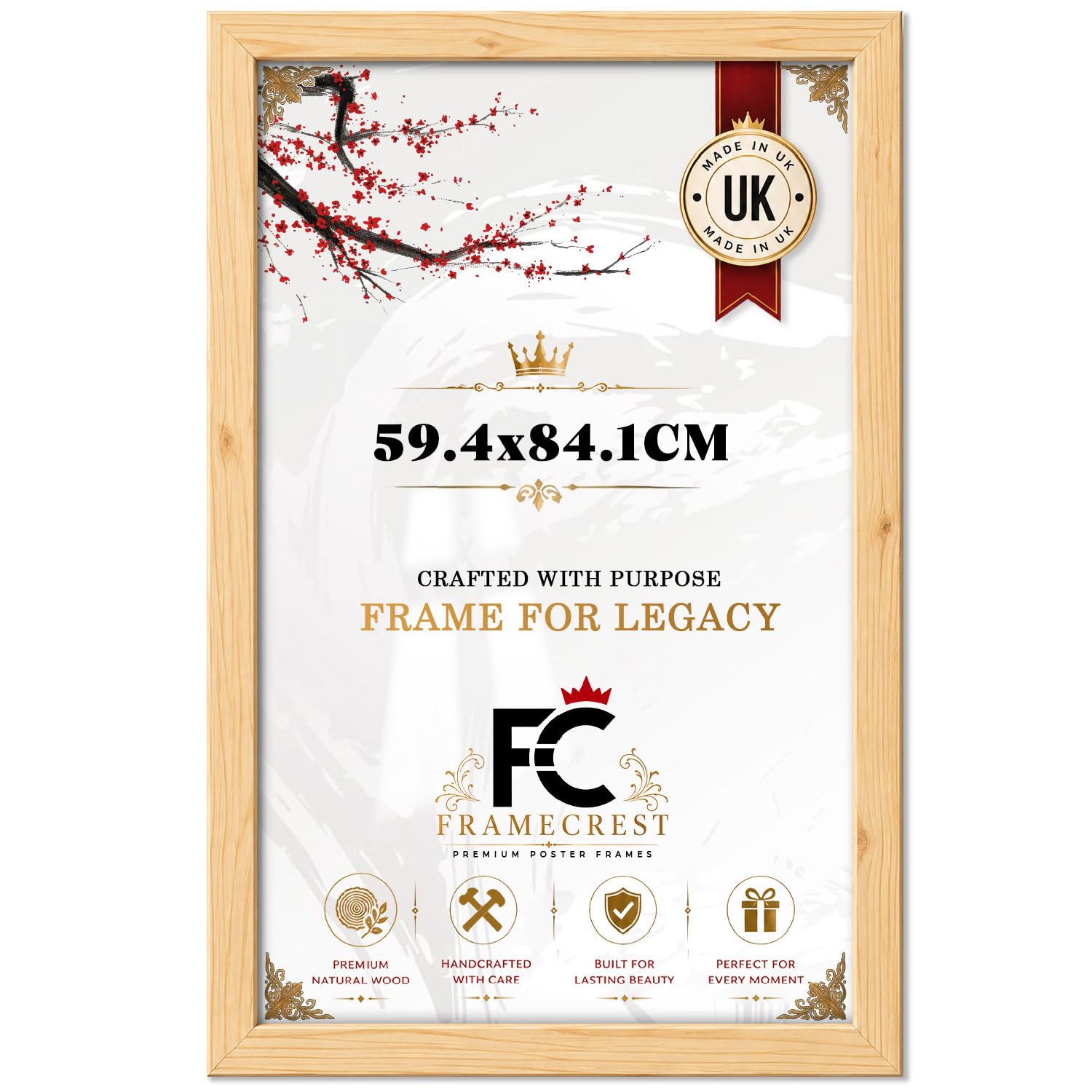 FRAMECREST Premium Large Rectangle MDF Poster Frame Size 59.4x84.1cm | MDF Wood Finish Clear Perspex | Landscape or Portrait Orientation | Photos for Family, Gift Wedding, Birthday - [Pine]