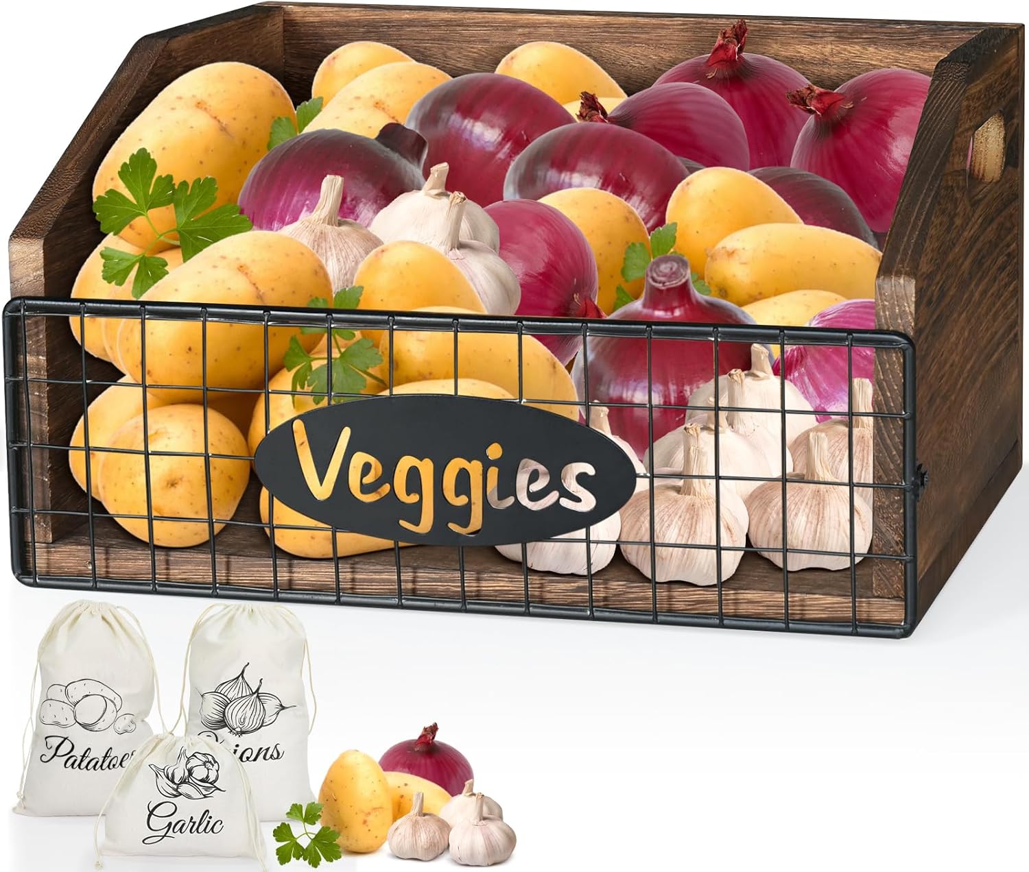 Potato and Onion Storage Bin, Kitchen Wooden Crate with