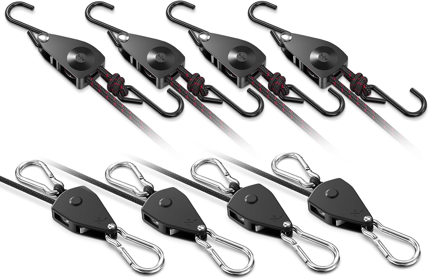 VIPARSPECTRA Ratchet Tie Down Straps, 1/8" Adjustable Rope Hangers [4 Pack, 8ft, 75lbs/Pack] Plus 1/4" Adjustable Rope Hangers [4 Pack, 12FT, 150 lbs/Pack] Heavy Duty Kayak Pulley System with Hooks