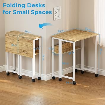 GreenForest Folding Desk 63 cm with Storage Shelf and Wheels, Oak | Portable Foldable Desk for Small Space, Home office, Flat, Sewing, Craft, Study, Studio, Compact and Sturdy, Easy to Assembly