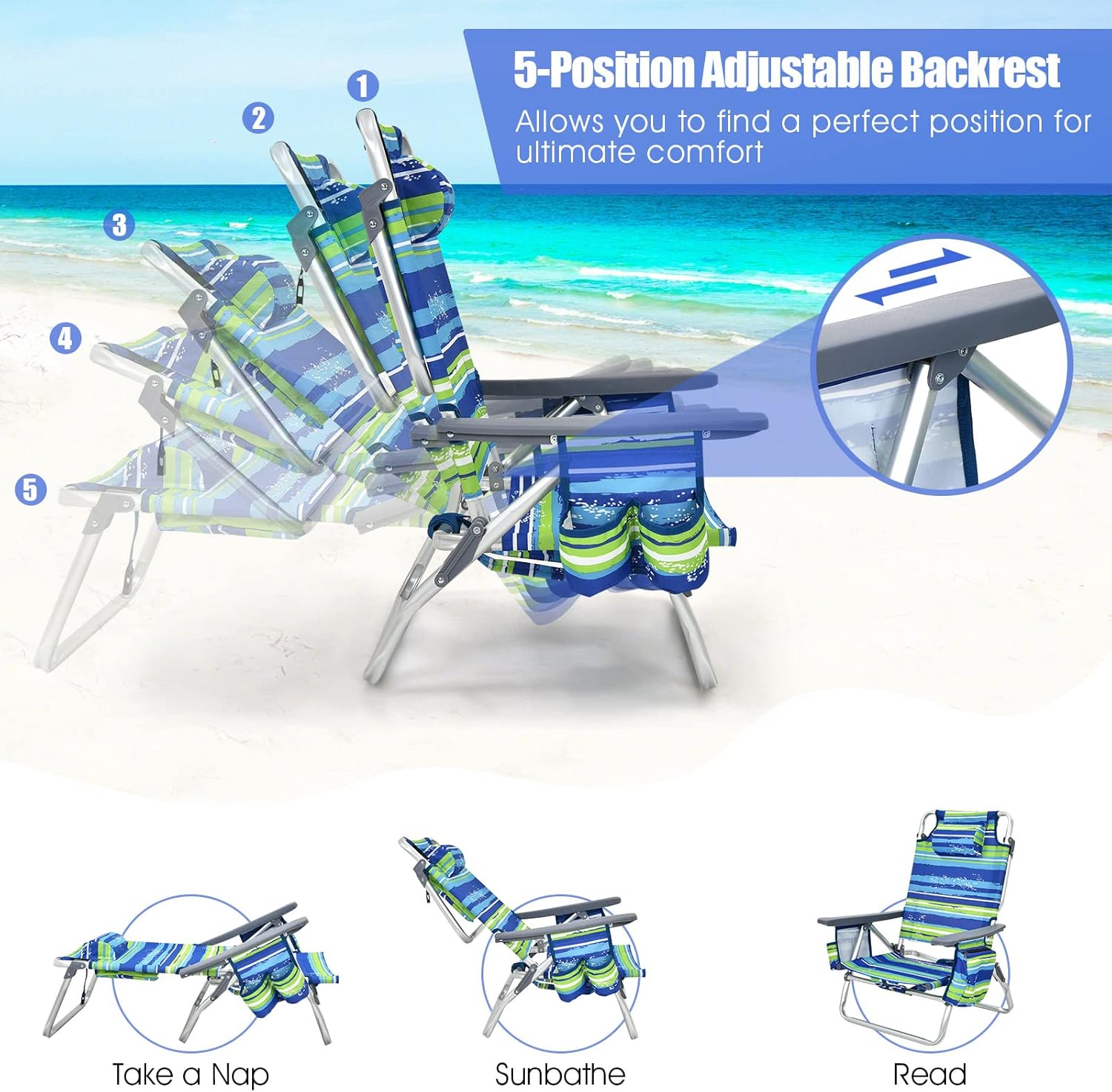 Backpack Beach Chairs Set, 5-Position Lawn Chair & Small Aluminum Table w/Cup Holder, Cooler Bag, Heavy Duty Lay Flat Folding Camping Chairs 3PCS for Fishing & Sunbathing