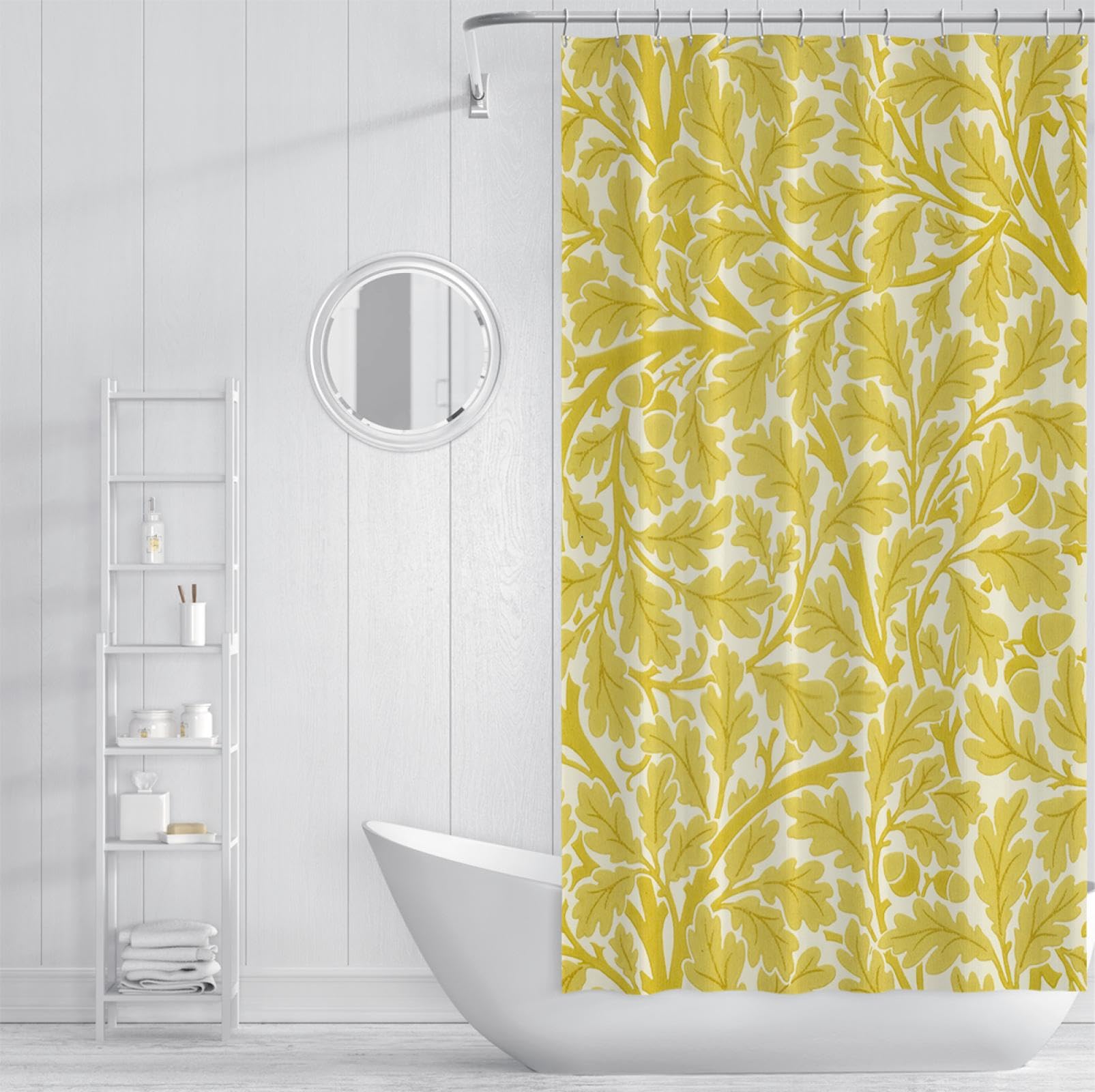 Cortina de Ducha con Estampado de Hojas botánicas Amarillas Decoración de baño Moderna y Brillante Cortina de Ducha de bañera de Tela de poliéster Impermeable con Ganchos 240Bx200Lcm
