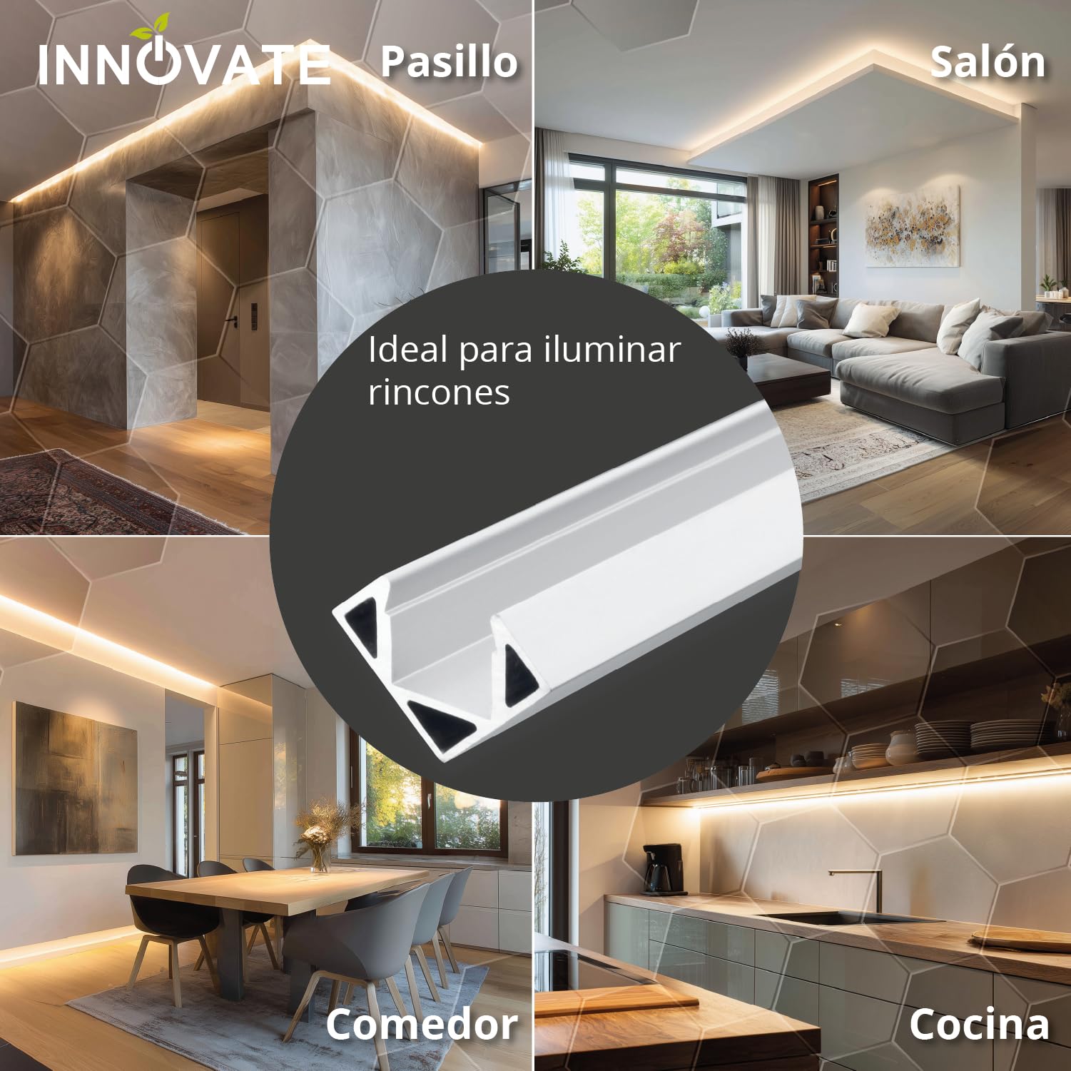 INNOVATE Perfil Aluminio Tira LED 45º Esquina 2m con Difusor [2000 x 17,5 x 17,5 mm para Tiras LED hasta 11 mm] iluminacion Cocina estanteria Armario (11mm Silver-traslucido, Set 5)