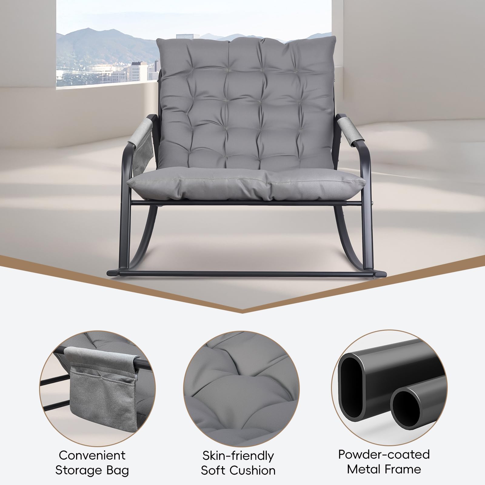 Schaukelstuhl für drinnen, draußen ergonomischer Schaukelsessel, Wohnzimmer Relaxstuhl mit gepolsterter, bis 300kg belastbar für Garten, Schlafzimmer, Wohnzimmer, Ecke, Veranda (Grau)