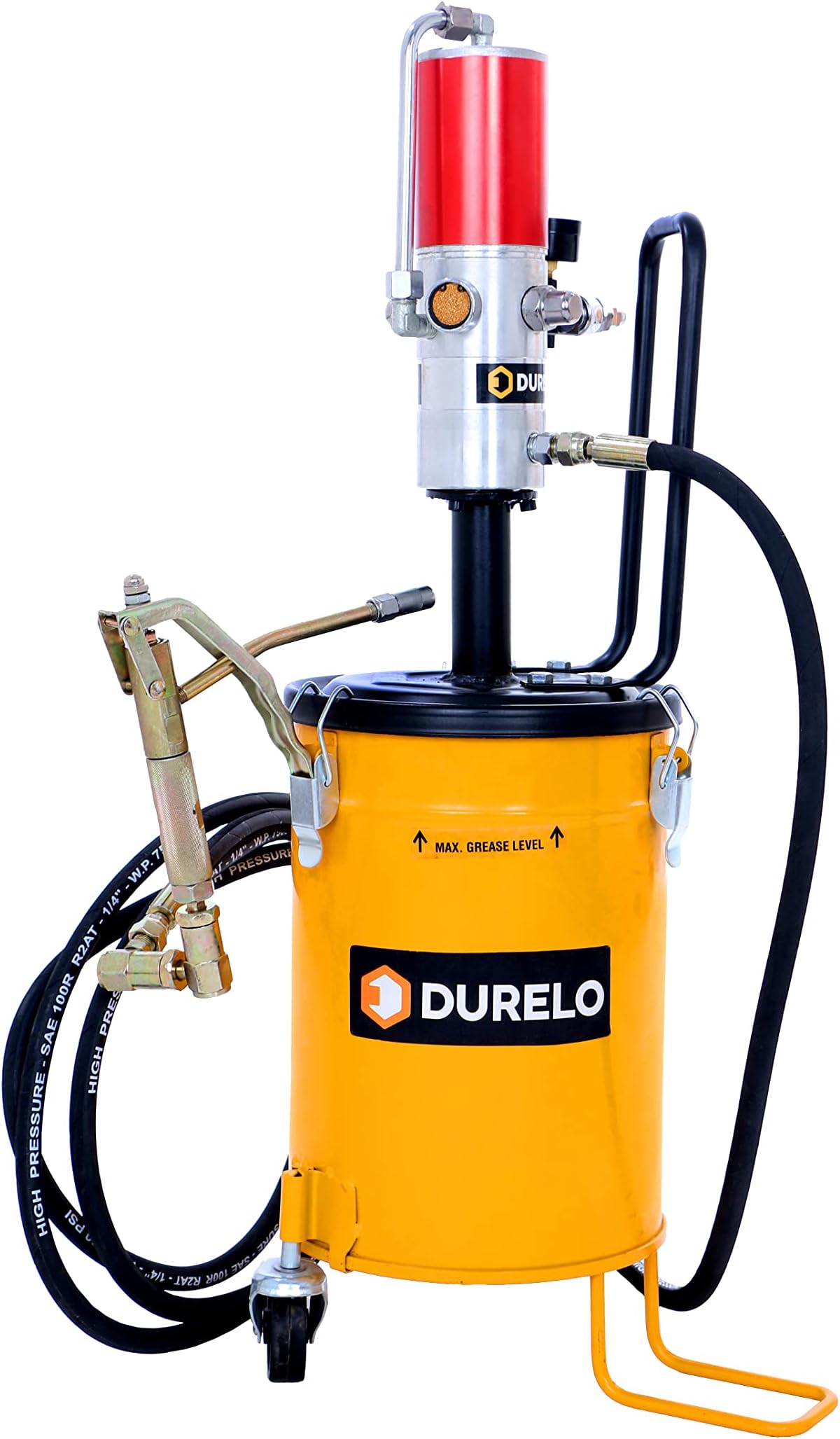 DURELO GRP-10 Air Operated Pneumatic Grease Gun Bucket 10Kg | High Pressure Grease Pump Ratio 50:1, Complete with High Pressure Hose & Swivel Gun