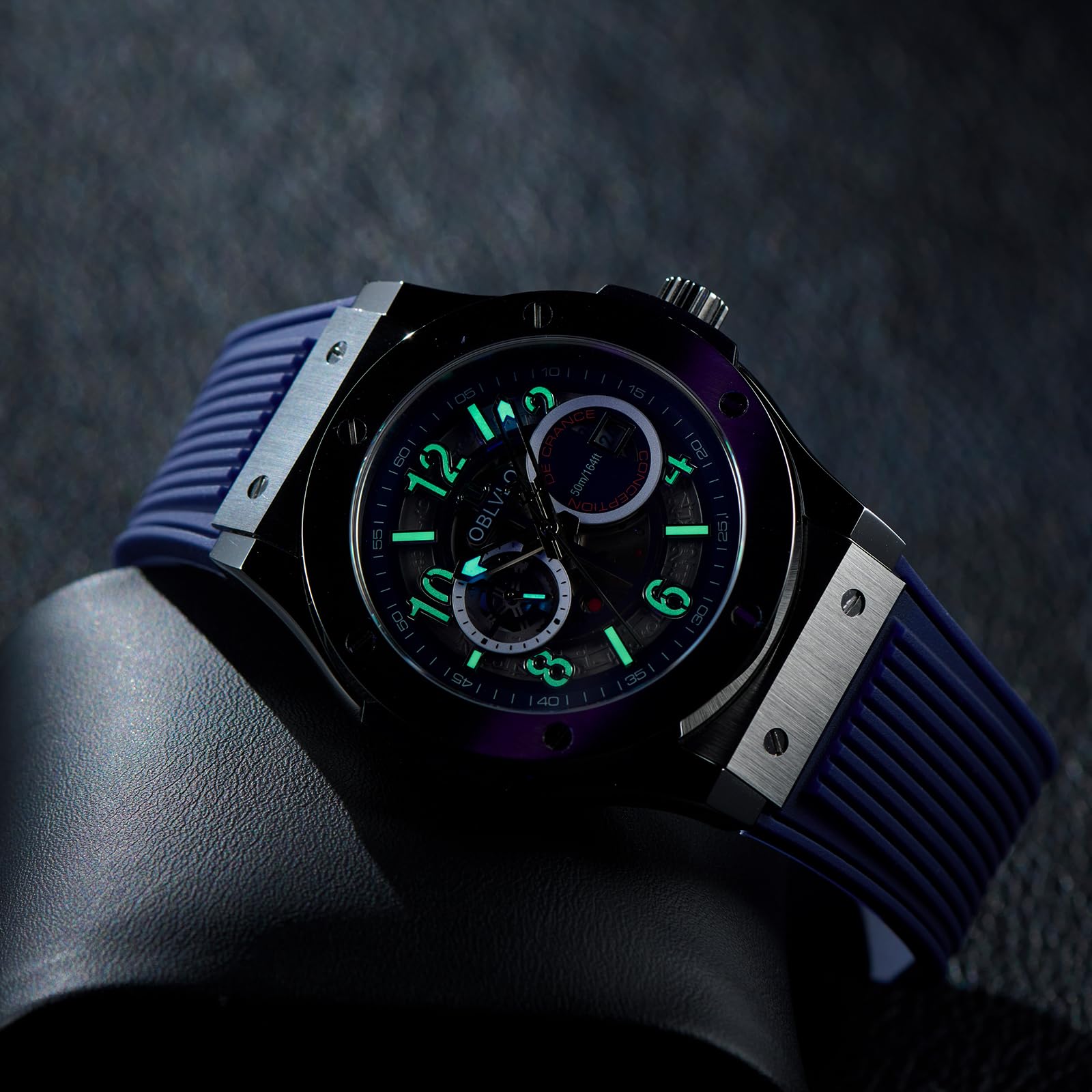 OBLVLO Orologio meccanico classico da uomo, quadrante nero in oro rosa con data, impermeabile, movimento automatico Miyato, cinturino in gomma, HM-GT