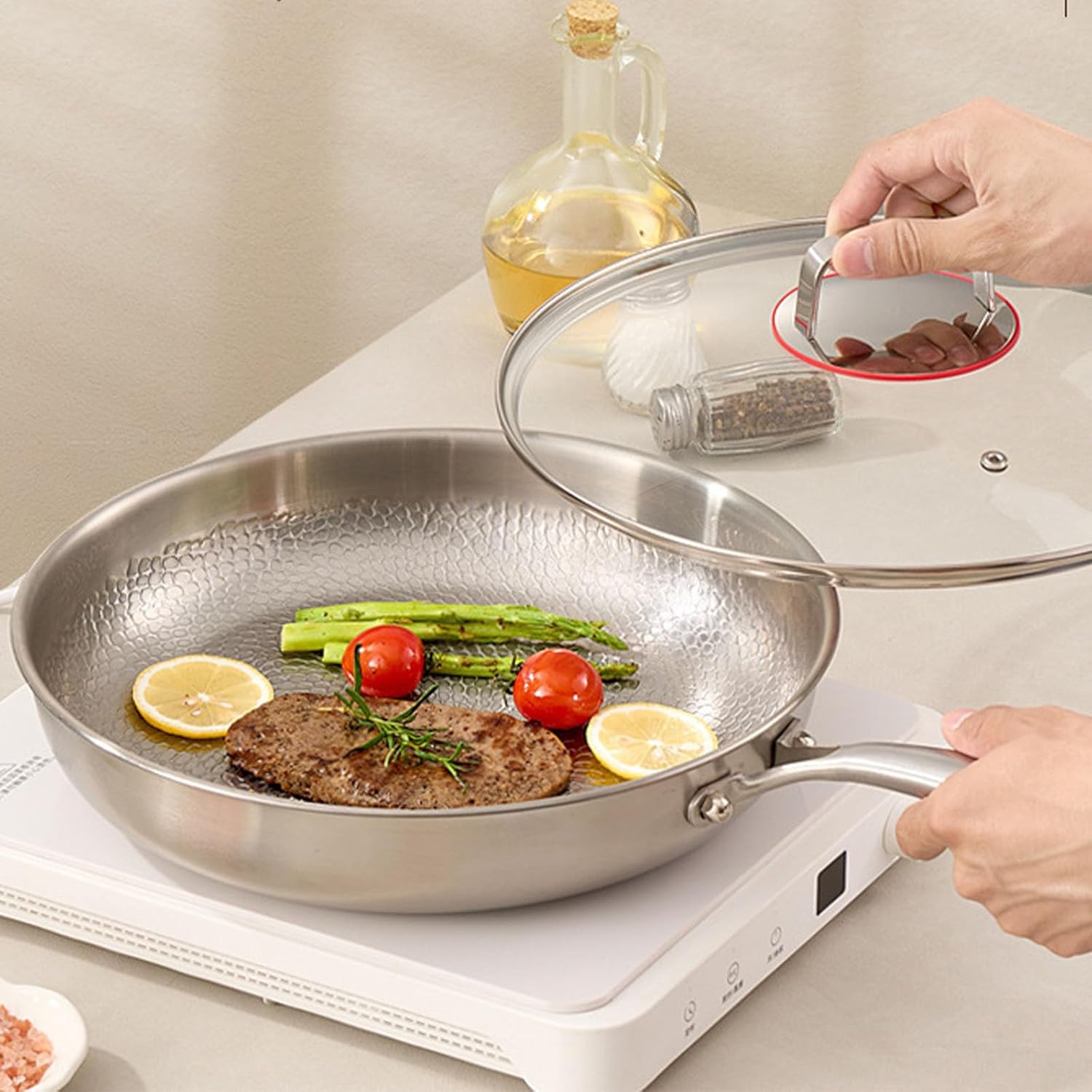 Titanium Frying Pan for Cooking, Titanium Hammered Non Stick Pans Pro (With Lid,8in)