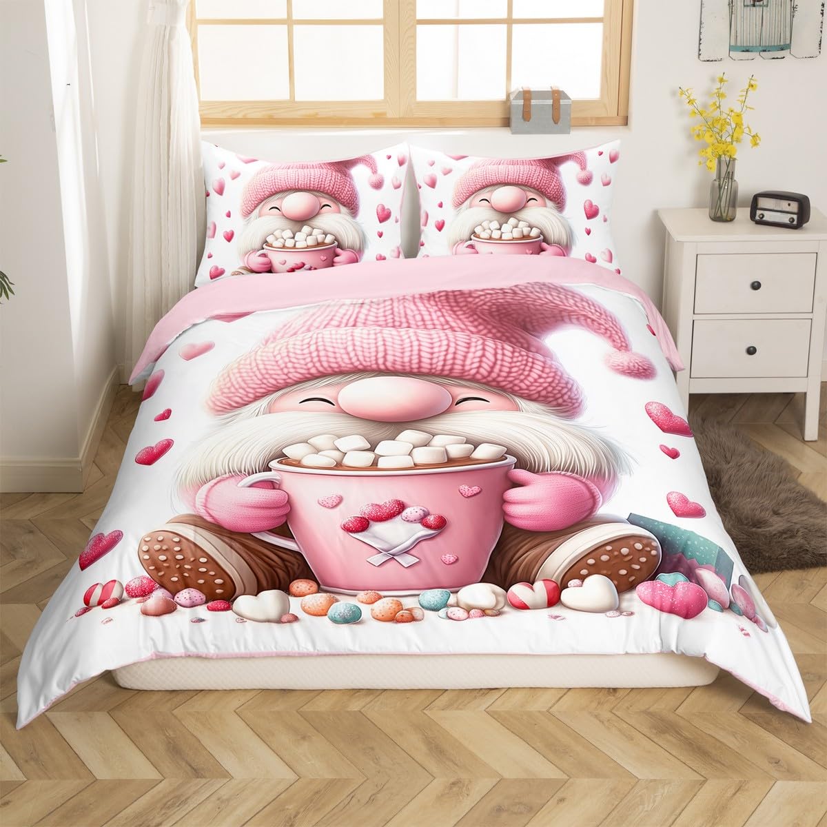Castle Fairy Cute Gnome Duvet Cover Set Toddler Size,Pink Love Print Pattern Bedding Set(No Comforter),Coffee Dessert Cup Quilt Cover for Kids Bedroom Decor,2 Pcs