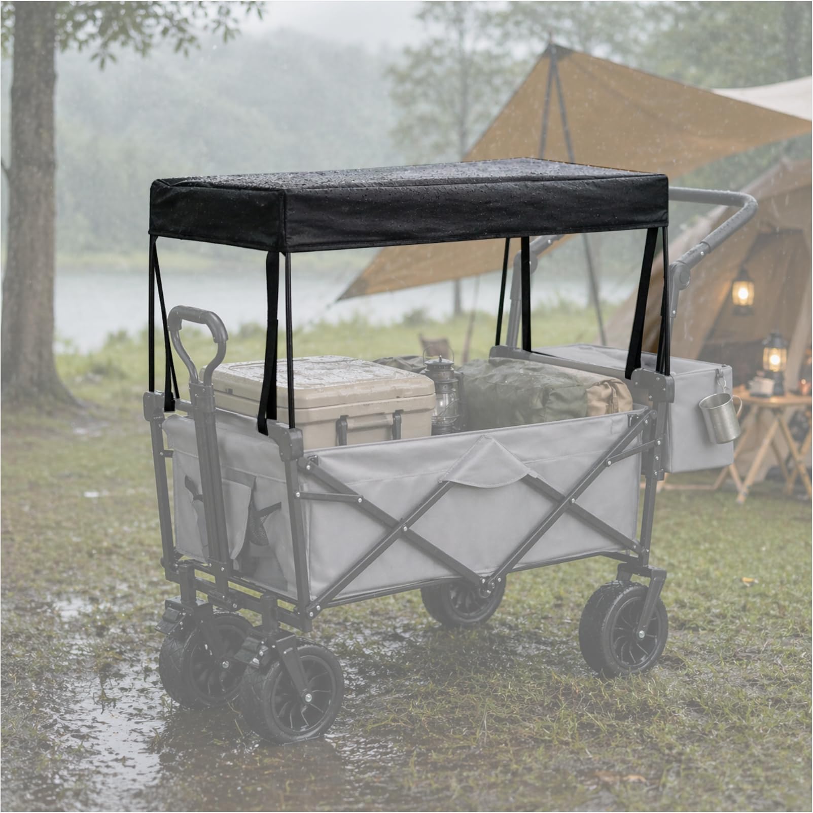 Lodmod Black Camping Wagon Canopy Cover With Frame, Folding Utility Cart Awning Roof For Outdoor Shade, Compatible With Square Tube Frame Carts