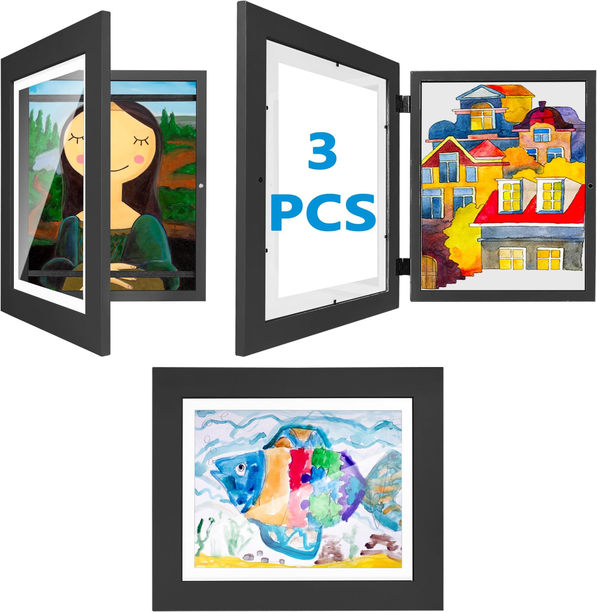 Montex3 Pack Art Frames 9x12 Inch Kids Artwork Frame Front Opening Displays 8.5x11 With Mat, 10x12.5 Without Mat,Composite Wood Horizontal/Vertical Formats (Black (3 Pack))