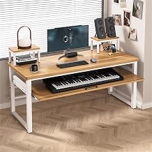 Music Studio Desk Workstation with Keyboard Tray, Office Computer Table with Organized Wiring/Keyboard Shelf Workbench Electronic Piano Midi Production Recording Studio