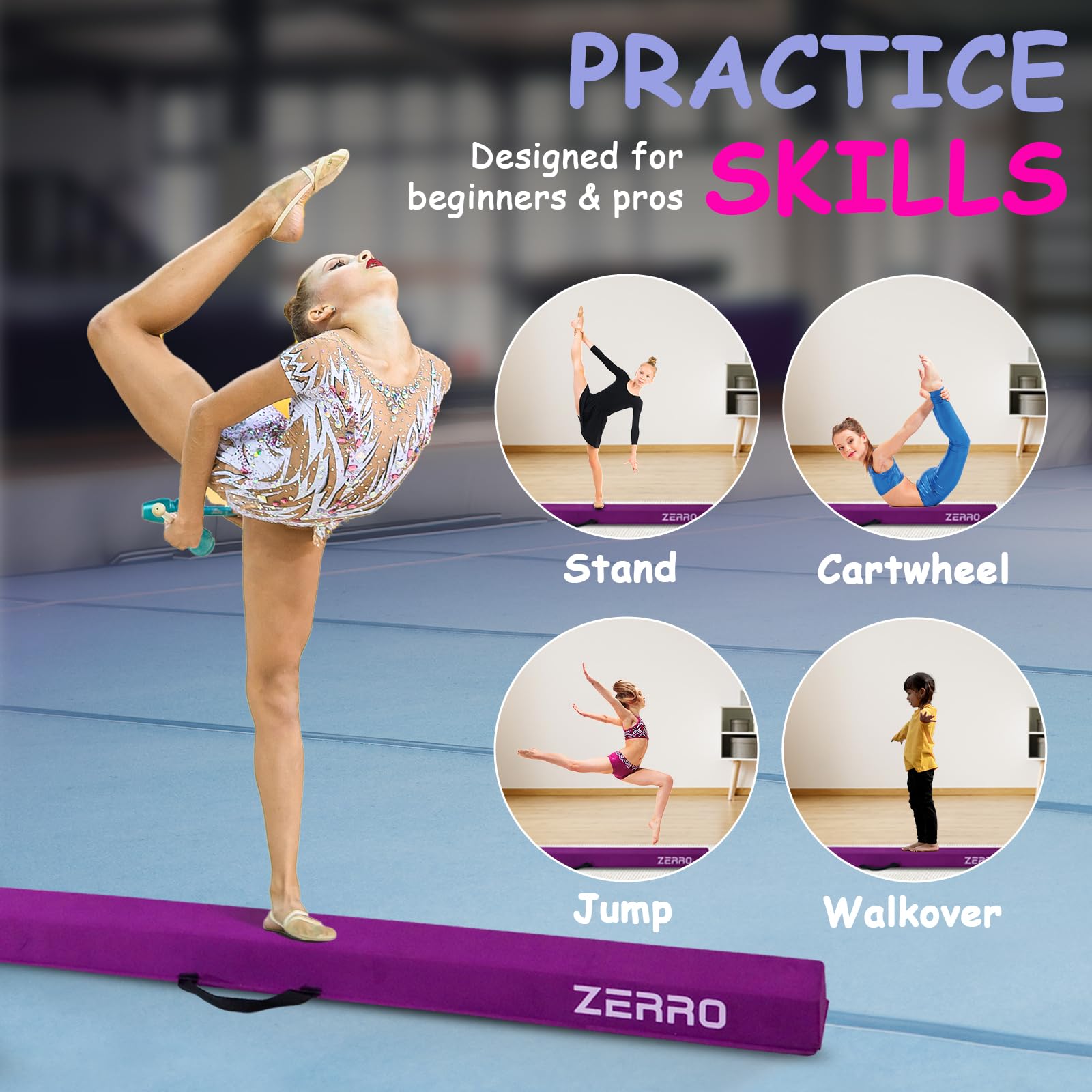 ZERRO Trave Ginnastica Artistica per Casa Pieghevole, 240cm / 270cm Bambini Allenamento, Verde, Viola