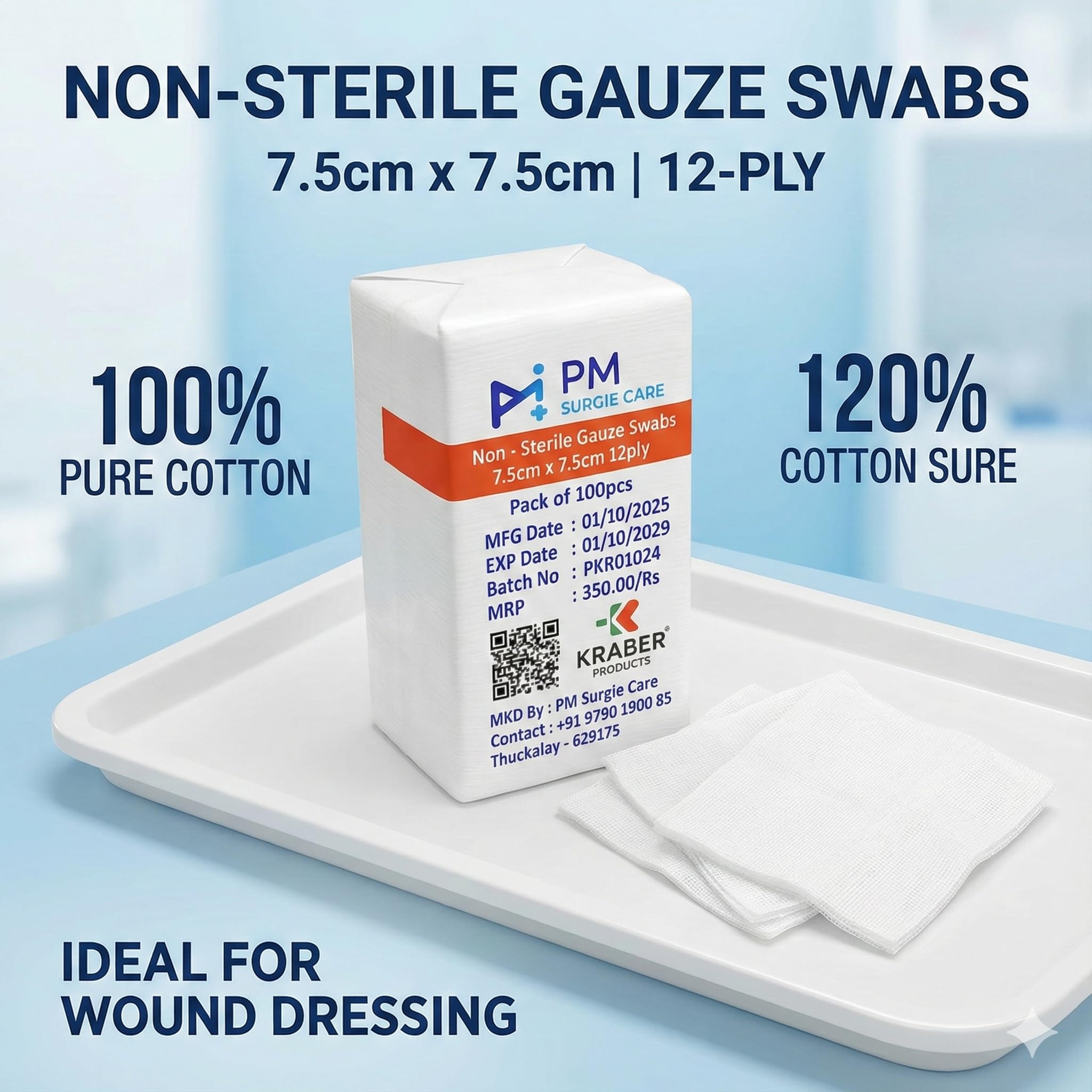 Absorbent Gauze Swabs 7.5 × 7.5 cm – Non-Sterile Cotton Gauze Pads, 12-Ply, High Absorbency Wound Dressing for First Aid & Medical Use (Pack of 100)(1) — Amazon image 2