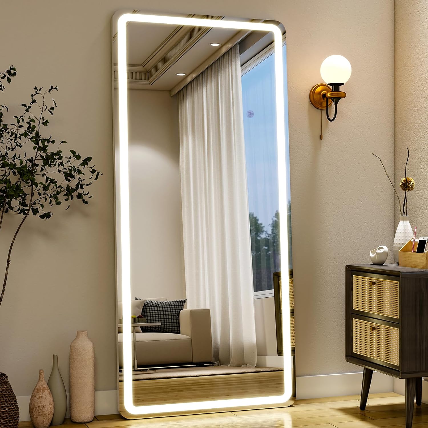 26x68 inch Full Length Mirror with Lights, LED Lighted Floor Standing, Hanging Mirror Full Length with Stand Free, Full Body Dressing Mirrors with Dimmable 3 Color LED