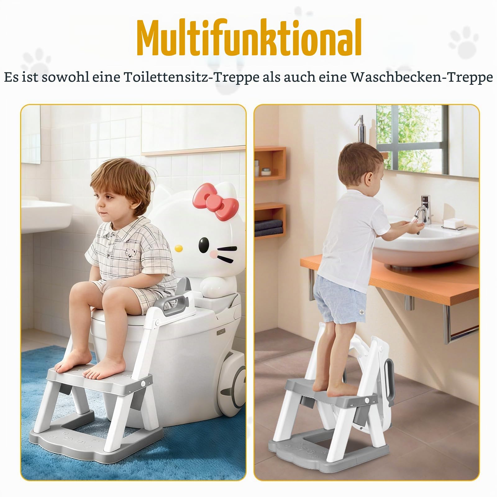2 in 1 Toilettensitz Kinder mit Treppe,Faltbar Töpfchentrainer Höhenverstellbares Kinder WC Sitz mit Treppe Stabile Trapezstruktur Großes Pedal und Griffe Spritzsicher Für 1-7 Jahre Grau