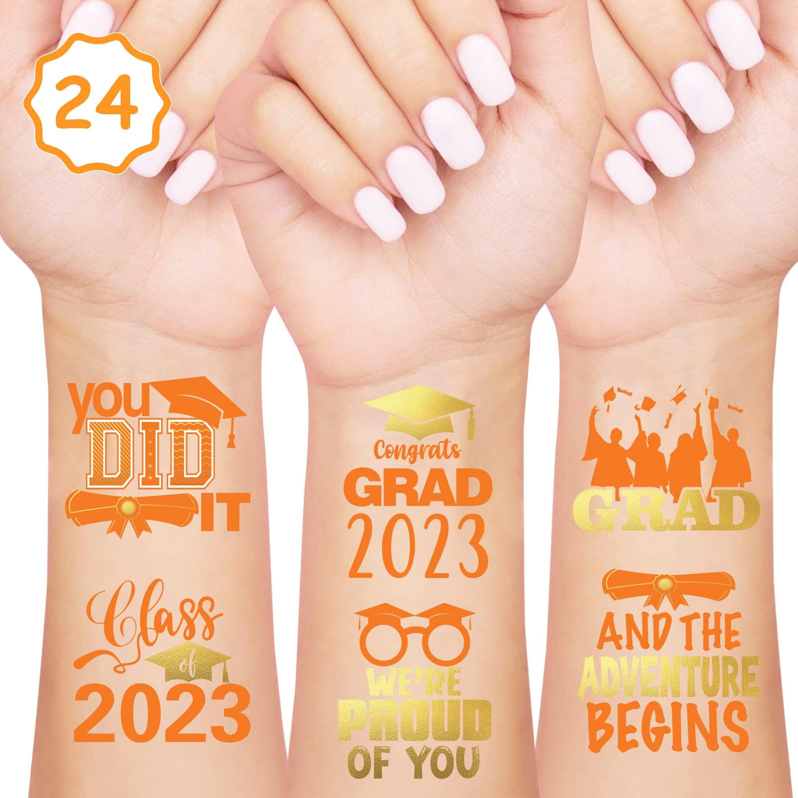12 Sheets Graduation Temporary Tattoos Orange and Gold Glitter Metallic Style Graduation Party Favors 2023 Congrats Grad Class of 2023 Body Decorations Tattoos Gift for High School College
