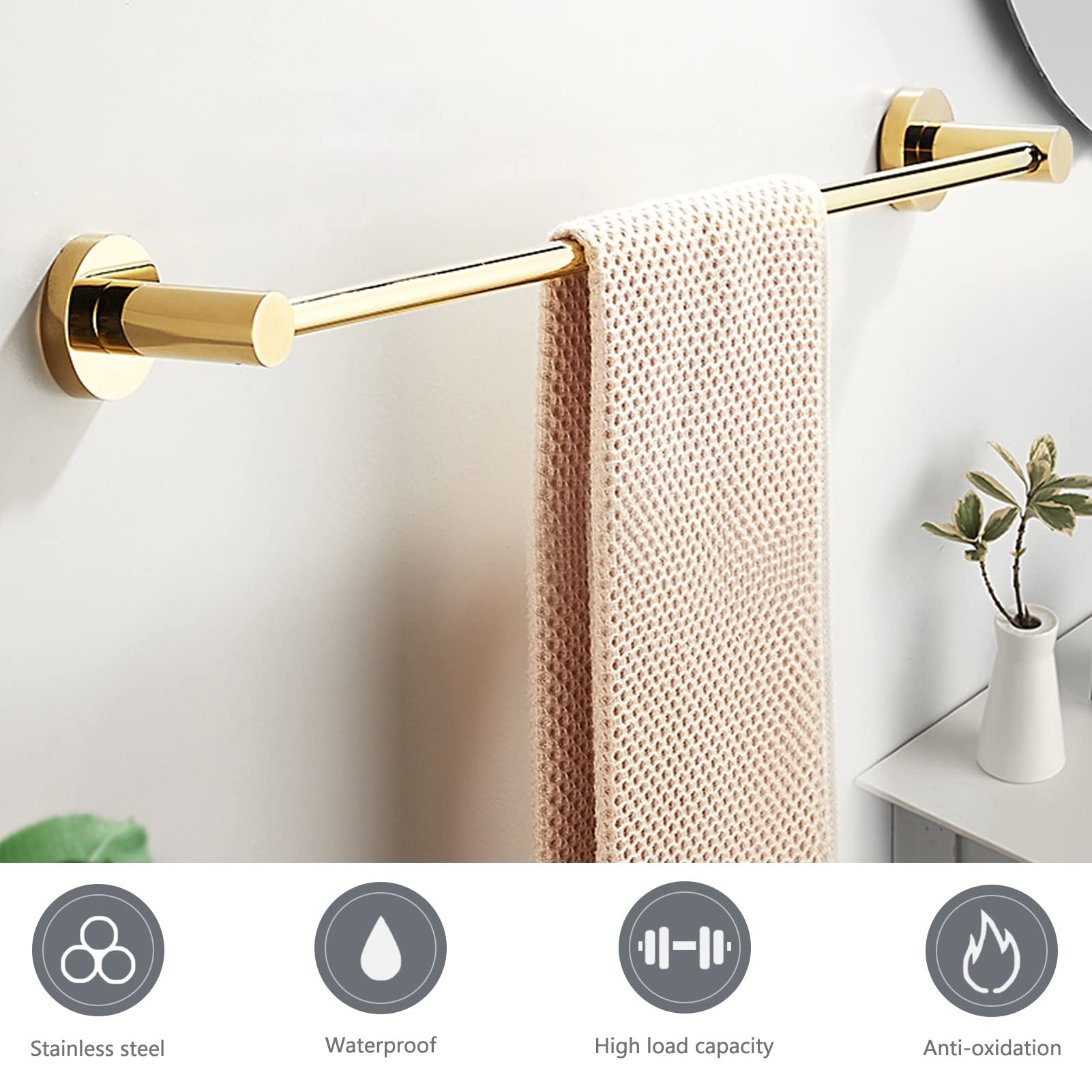 Toallero Individual, de Acero Inoxidable, de 30 cm a 80 cm, Soporte de Pared para baño o Cocina, Acabado Dorado Pulido (tamaño: 70 cm).