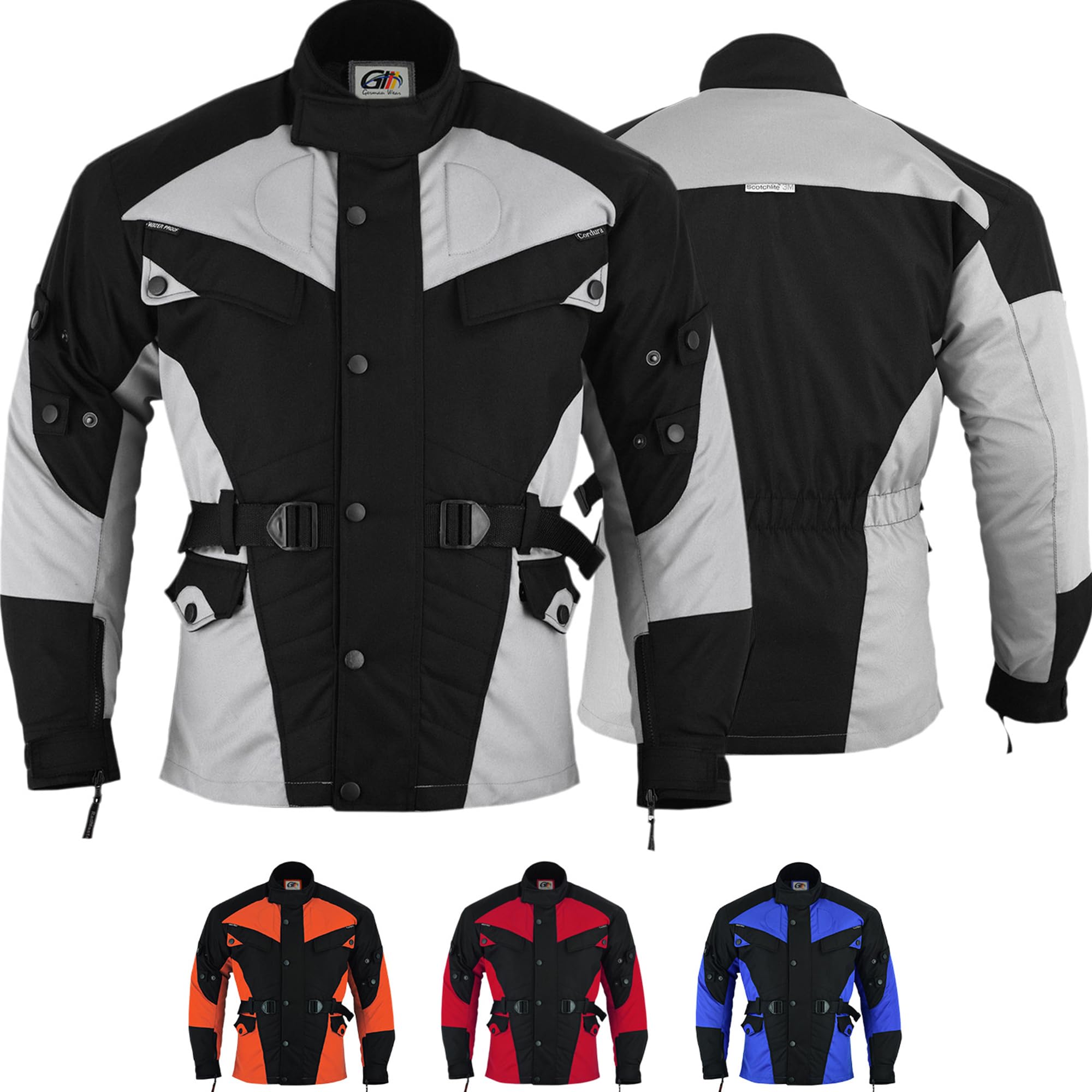 German Wear Herren Motorradjacke aus Textil mit 4 CE-Protektoren - Winddicht Lange Jacke mit Kombizipper aus 4 Schichten - Abnehmbar & Washbar Thermofutter - 8 Taschen protektorenjacke