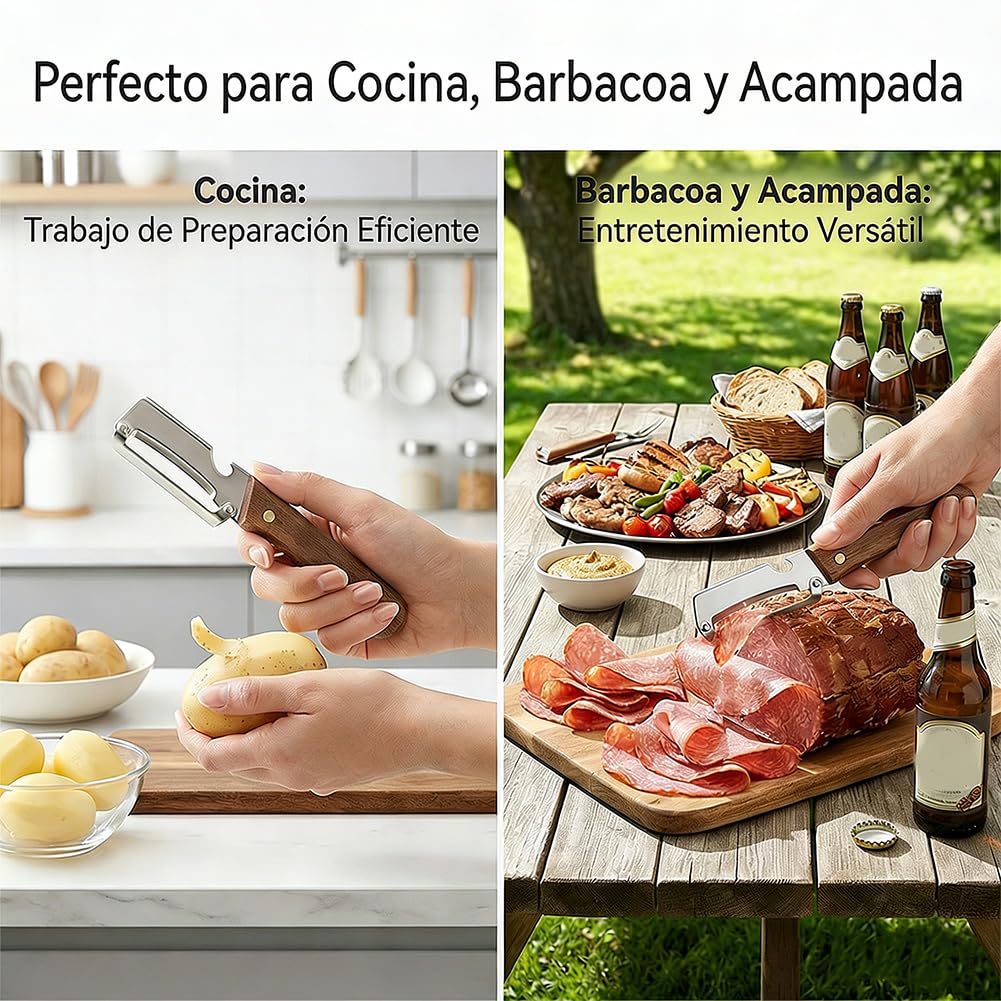 Pelador Multifuncional 3 en 1 con Mango de Madera Ergonómico, Pelador de Patatas y Frutas de Acero Inoxidable con Abrebotellas y Función de Cortador para Embutidos y Verduras - Zero Snag (2) — view 6