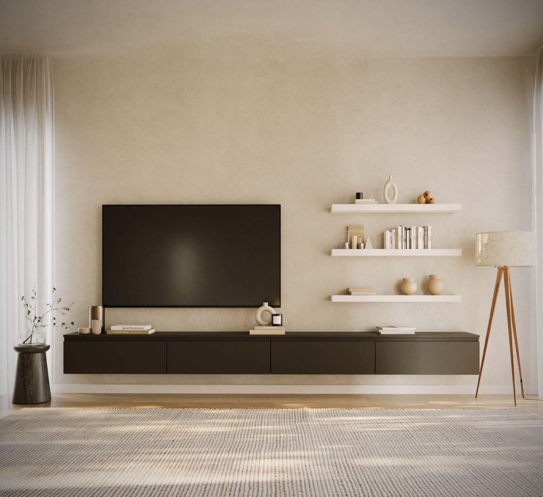 Selsey TV Lowboard Hängend 300 cm Schwarz 4 Fächer mit Klappfronten Elegantes Design für Moderne Wohnzimmer Spanplatte 16 mm Stauraum für Elektronik Ideal für Saugroboter