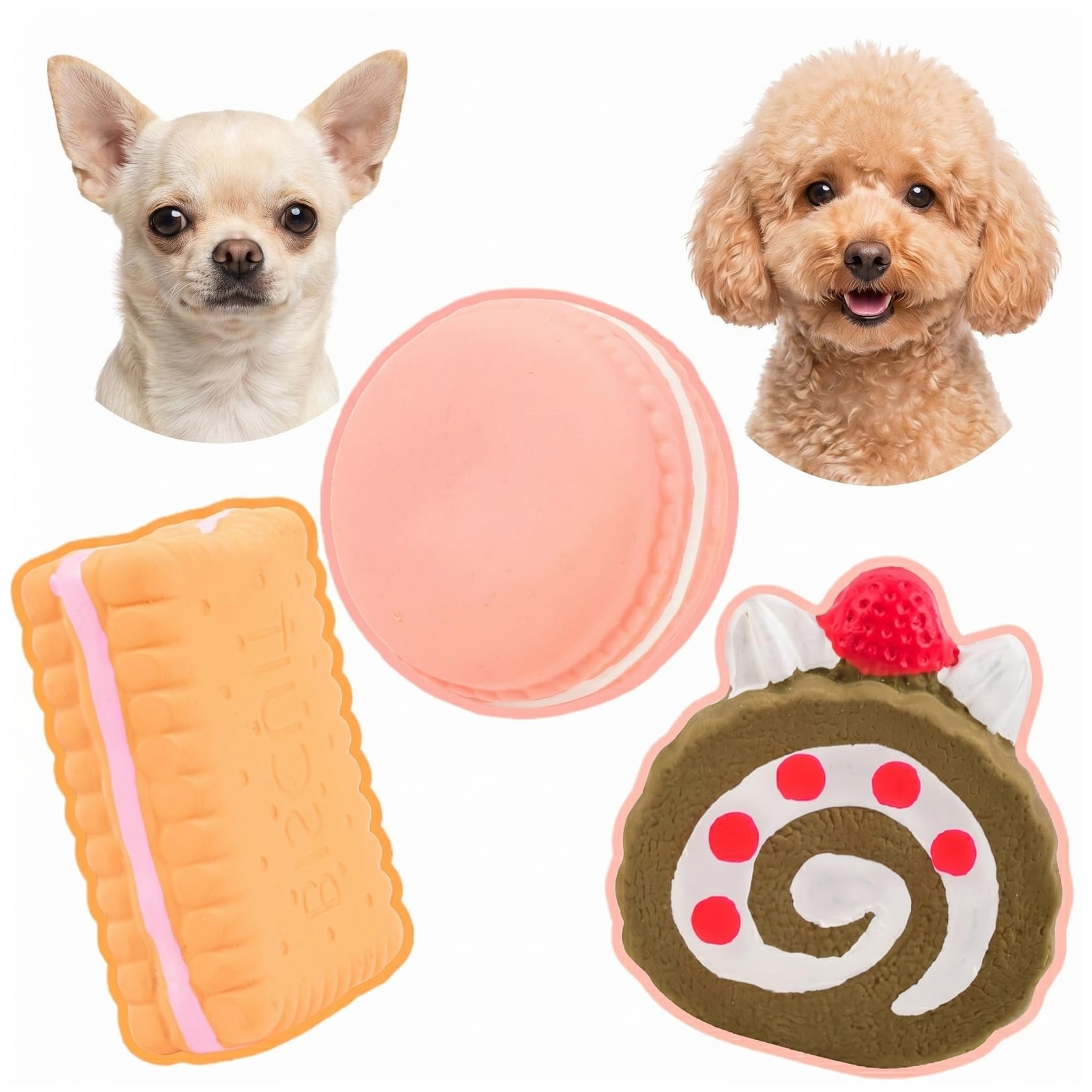 InekoAgua Squeaky Latex Dog Toys for Small Dogs & Puppies - Soft Natural Rubber Novelty Dessert Collection - Gift Set for Toy & Miniature Breeds (3-Pack Patisserie Treats)