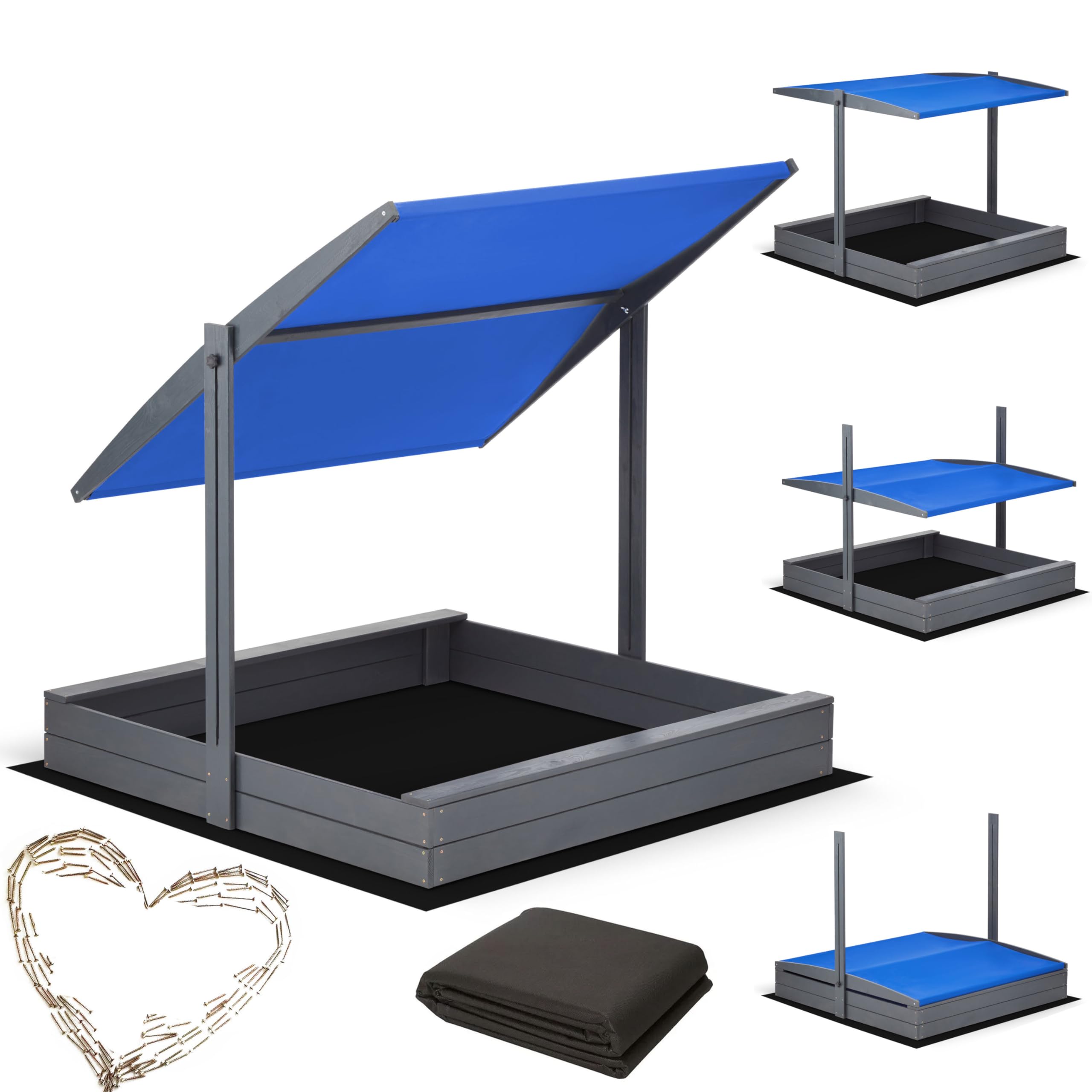 Sandkasten mit Dach 120x120 Imprägniert Modell 2025 mit Sonnenschutz mit UV 100+ Schutz Sandbox mit Sandkastenvlies Holz, Sandkiste Sandbox Anthrazit (120x120 Dach Blau)