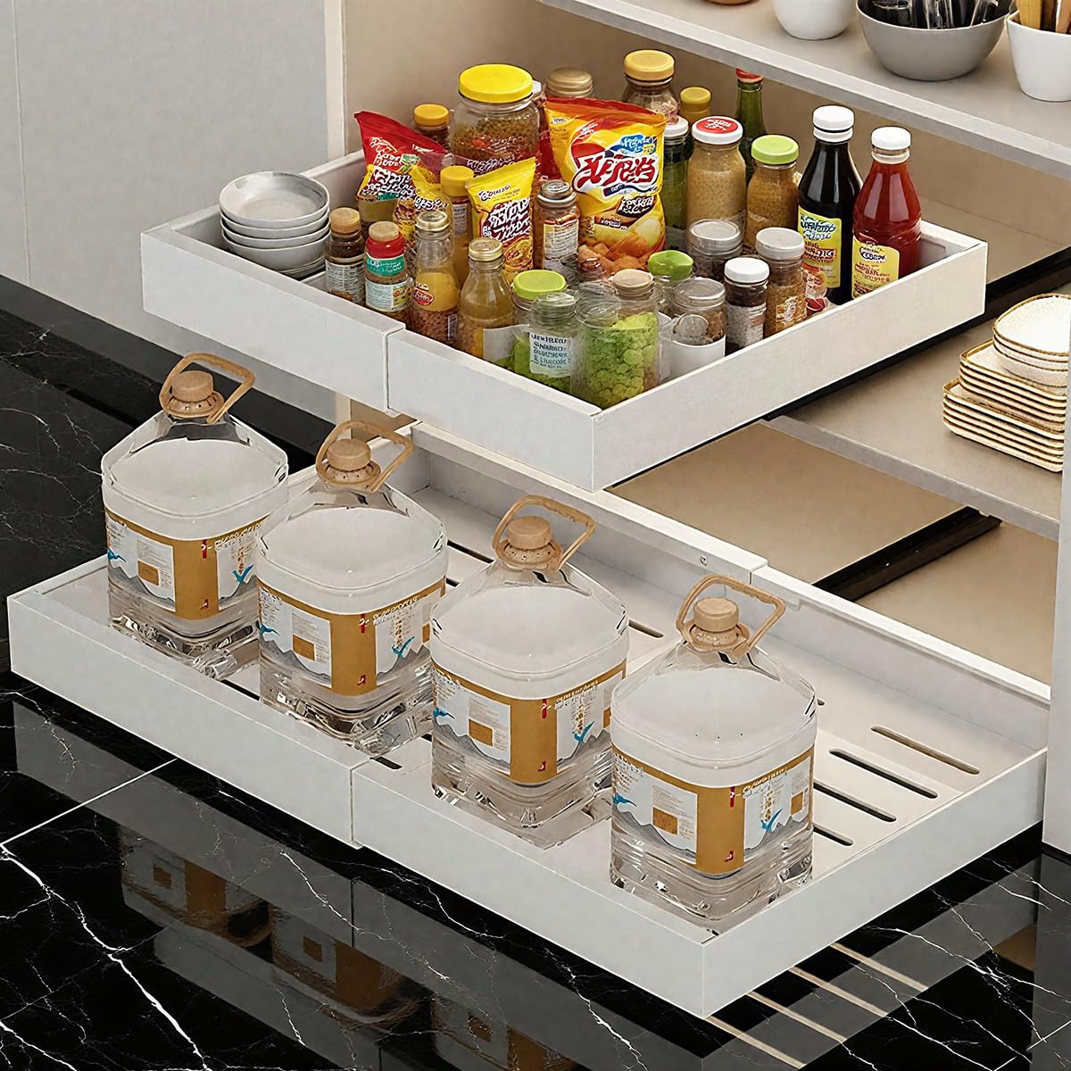 Tiroir Telescopique Cuisine, Lot de 2 Organisateurs De Placard Extensibles avec Adhésif, Tiroirs Coulissants Rangement Cuisine, Largeur Réglable de 32 à 53 cm, Tiroir Coulissant Placard, Blanc