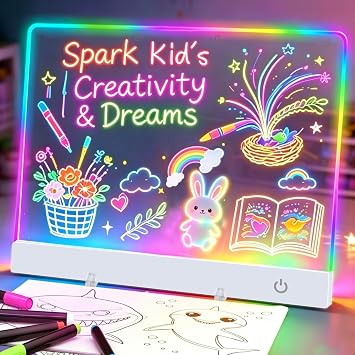 LED Drawing Board for Kids 16-Inch Rechargeable, 9-Color Light Modes | Neon Art Dry Erase Light Up Doodle Glow Pad, Sketching Birthday Gift Toy for Kids/Girls/Teens, 7 Markers Tracing Book