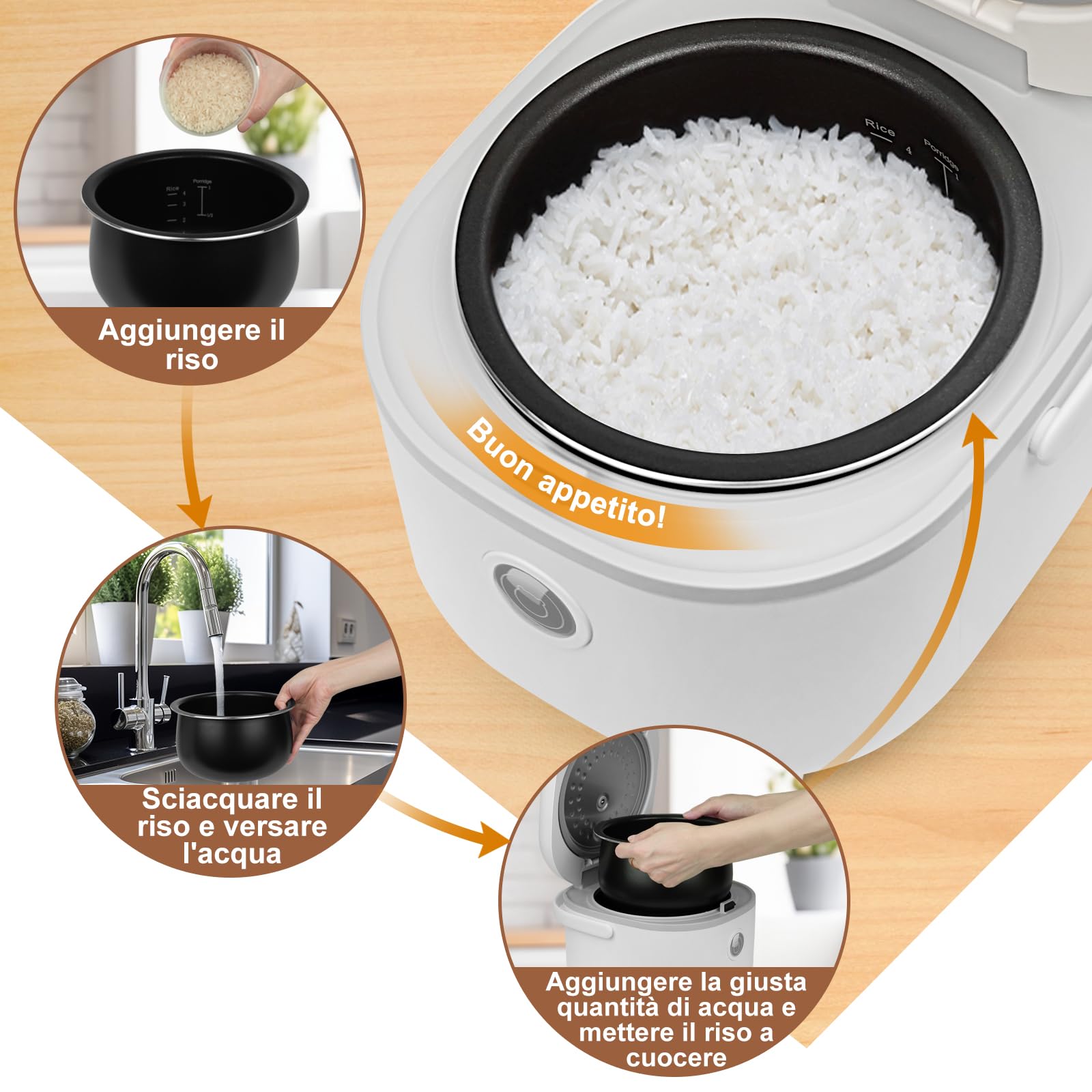Bear Cuociriso 4 tazze (non cotte) con Vaporiera,Rice Cooker Mini Multifunzionale da 350W, 6 Funzioni di Cottura del Riso per 2-4 Persone,Bianco