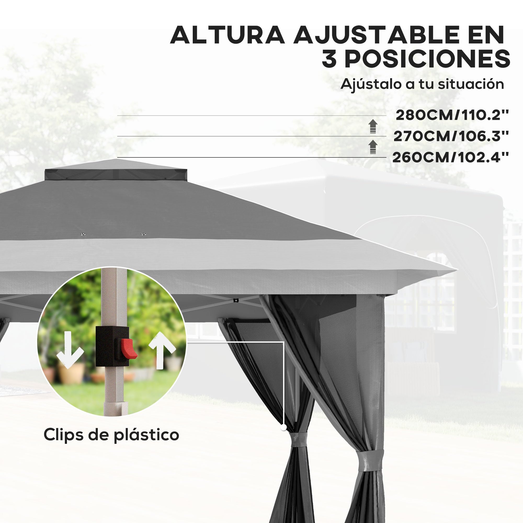 Outsunny Carpa Plegable Gazebo, 3,6x3,6 m, Cenador Plegable con 4 Paredes Laterales de Malla, Anti-UV, Altura Ajustable, Bolsa de Arena y Bolsa de Transporte, para Camping, Fiestas, Gris Oscuro