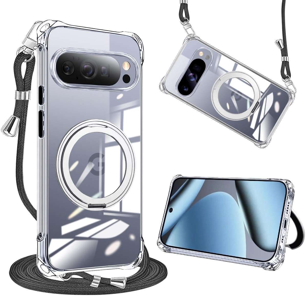 weiaoluo ケース クリア Google Pixel 10 Pro XL 用の 軽量 ピクセル10プロxl カバー ショルダー付き 耐衝撃ソフト TPU pixel10 proXL カバー ベーシック 肩掛け 斜めがけ 付き 縦/横 調節可能なショルダー トーラスホルダ スタンド機能 180°反転 360°回転 全面保護 薄型 黄変しにくい しょうげきていこう (透明）