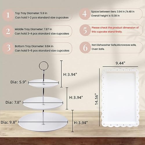 Miniatura 2 de Juego de 5 soportes para postres, 2 soportes pequeños de plástico blanco de 3 niveles para cupcakes y 3 bandejas rectangulares para servir fiestas,