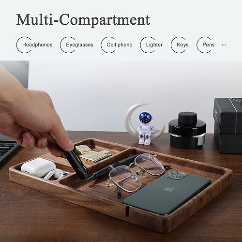 Miniatura 3 de Bandeja de valet de madera de nogal para hombres y mujeres, organizador de mesita de noche, bandeja EDC para papá, bandeja de escritorio para