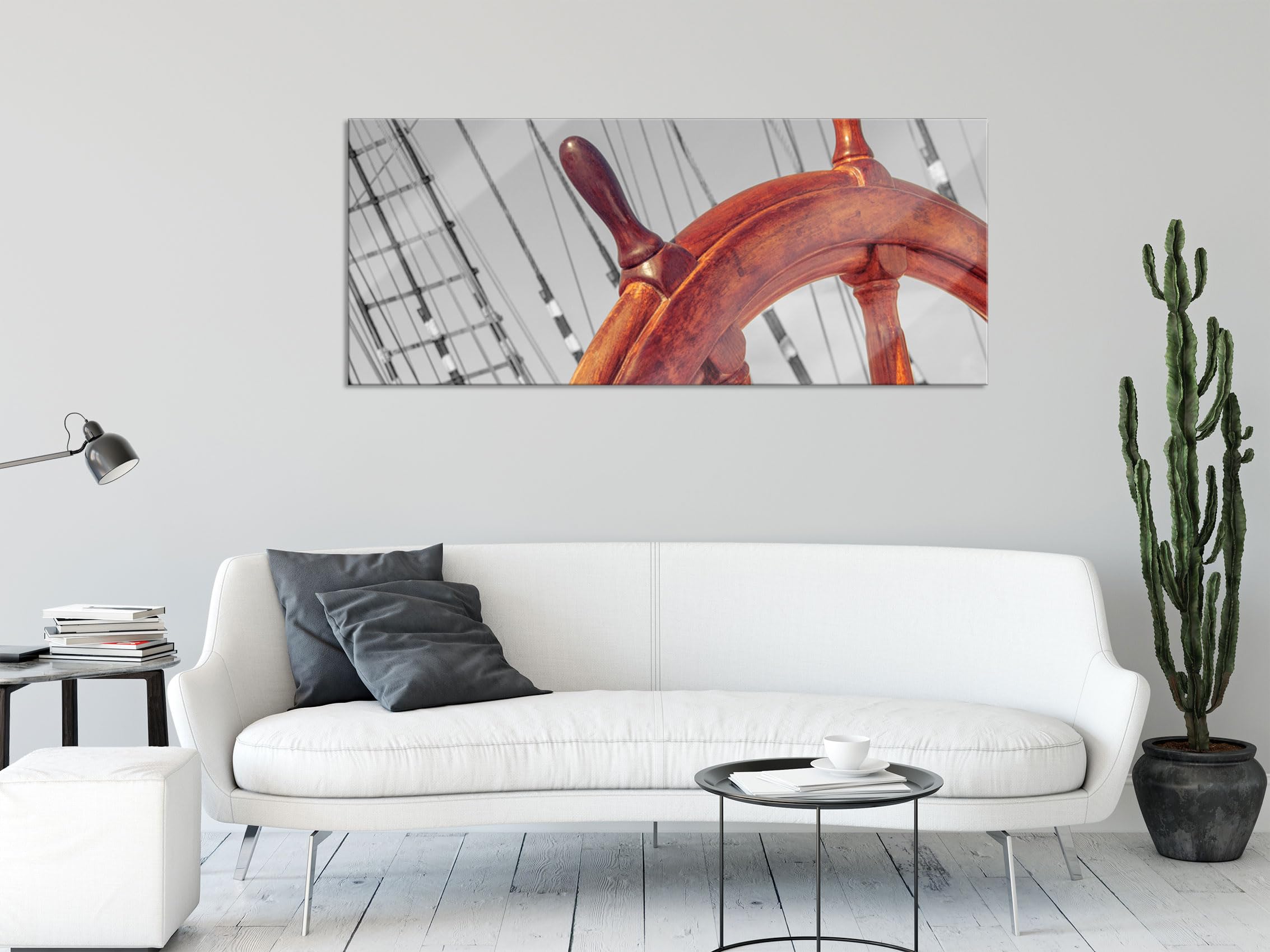 Pixxprint Glasbild Panorama, Wandbild aus Echtglas, Steuerrad auf einem Schiff, 120x50 cm, inkl. Aufhängung und Abstandshalter