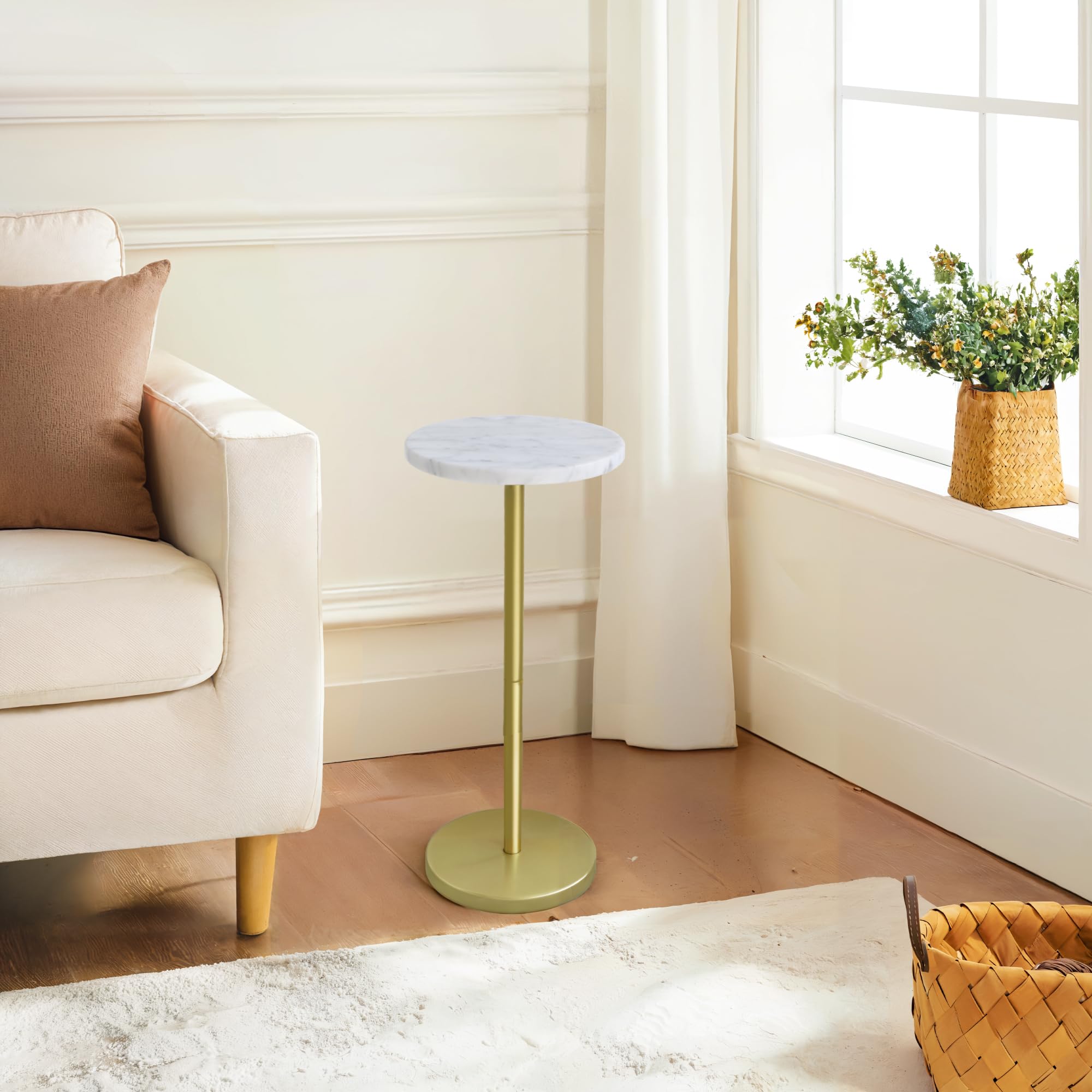 Mesa de bebida de mármol natural, mesa de pedestal, mesa auxiliar redonda pequeña, mesa de Martini para sala de estar, baño, espacio pequeño (blanco) 7