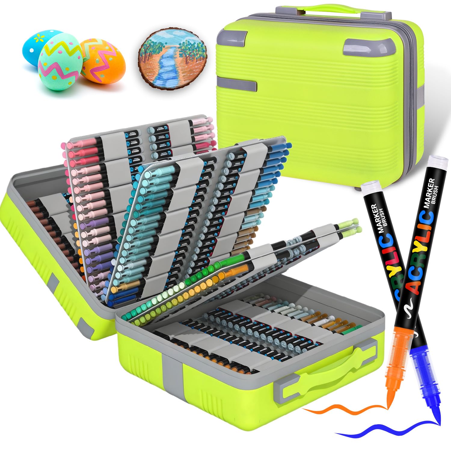 408 Colors Acrylic Paint Markers, Waterproof Brush Tip Markers | Automatic Ink Control No-Bleed Acrylic Paint Pens for DIY Art &amp; Crafts - Fabric, Wood, Metal, Rock, Glass (Suitcase Style)