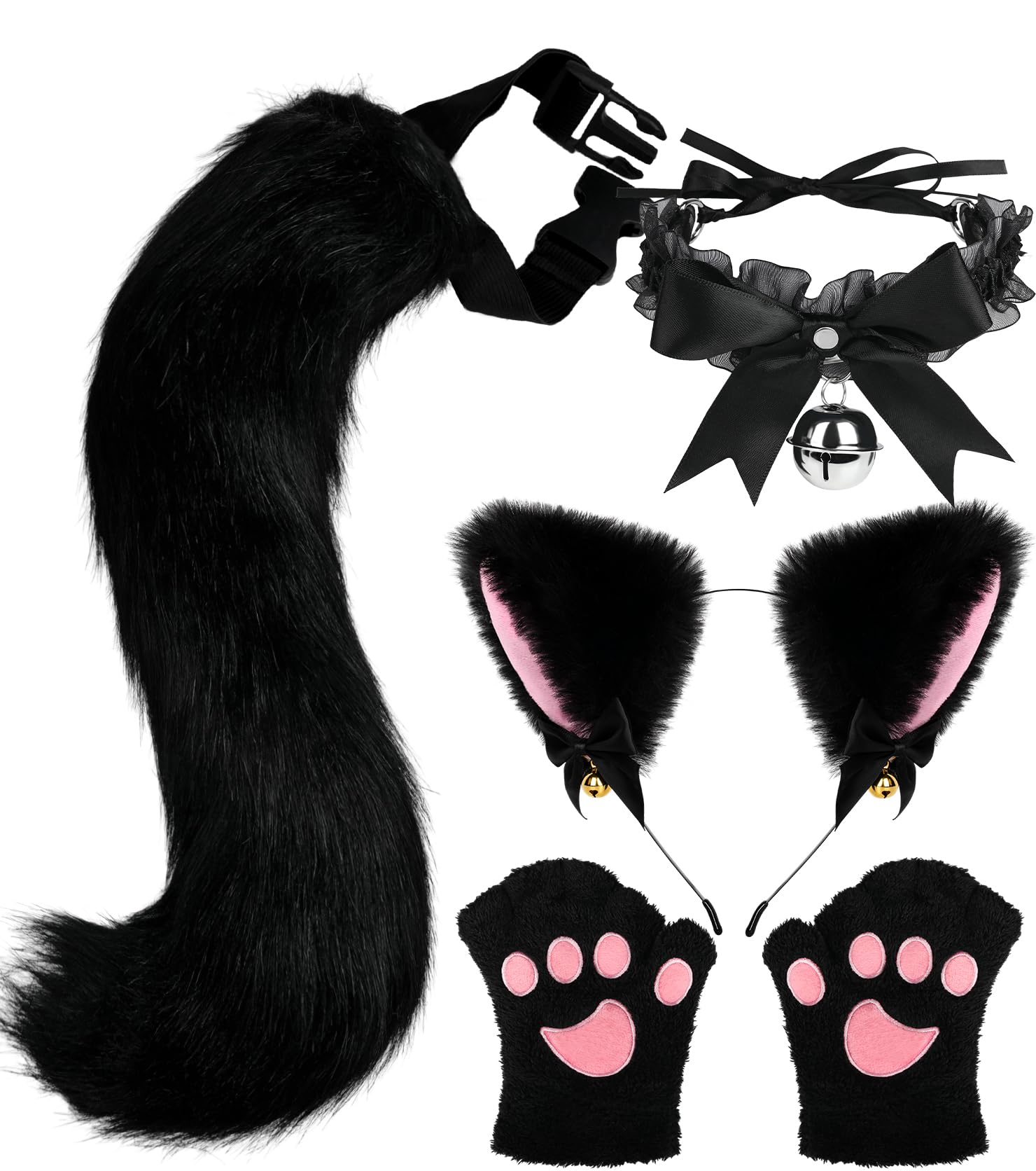 Cat Ears and Tail,Wolf Fox Ears Long Tail and Bell Lace Choker Set for Halloween,Animal Cosplay Party Costume
