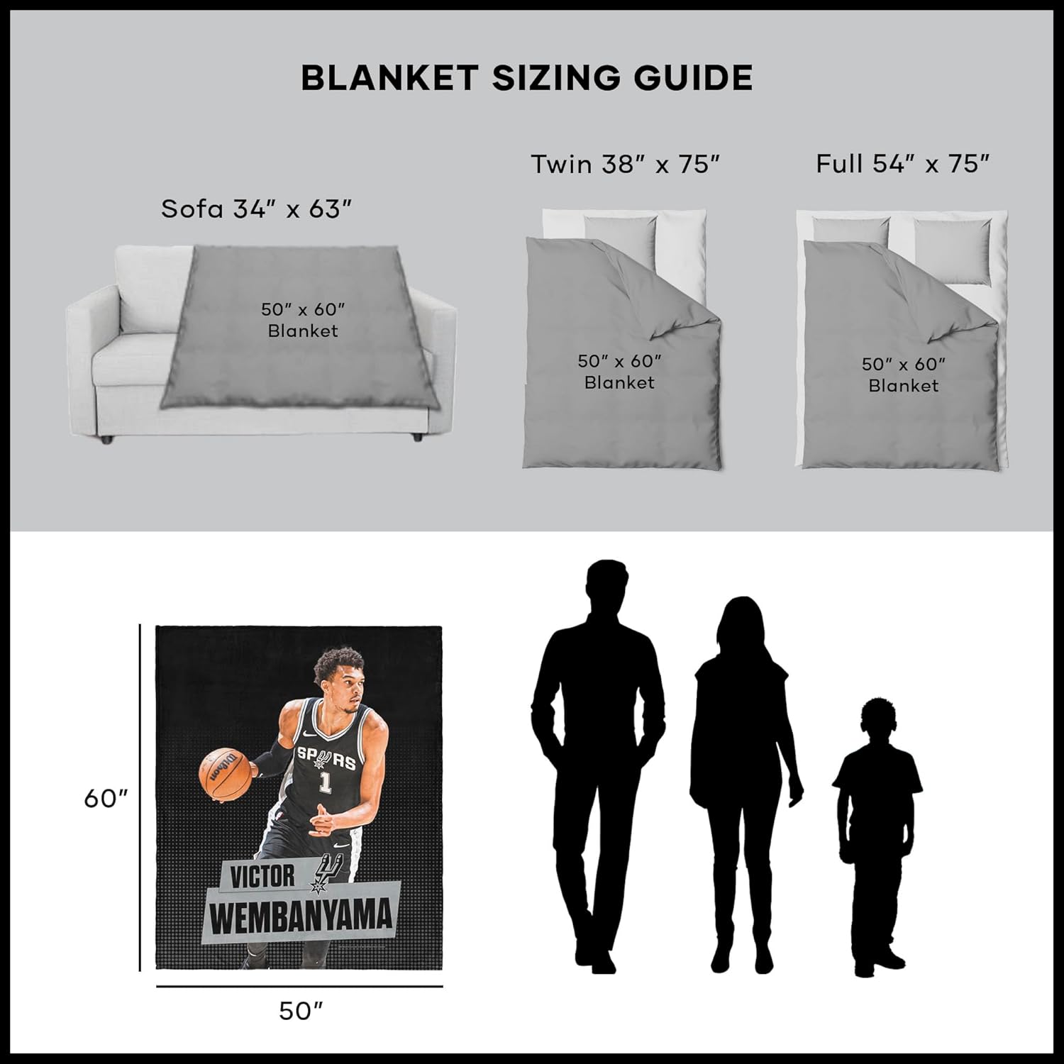 Northwest NBA San Antonio Spurs Victor Wembanyama Silk Touch Throw Blanket, Sofa Bedroom Home Decor for Teen Boys Girls Adults Sports Lovers, 50 x 60 inches
