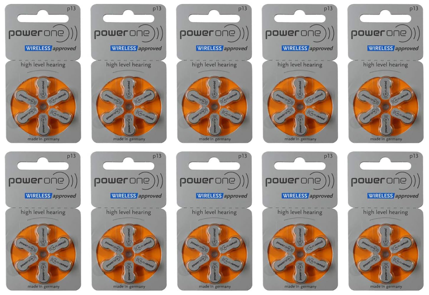 Enlinea Power-One Size P13 (PR41, 1.45V) Mercury-Free Zinc Air Wireless Approved Hearing Aid Battery (10 Strip, 60 Batteries, Size-P13)
