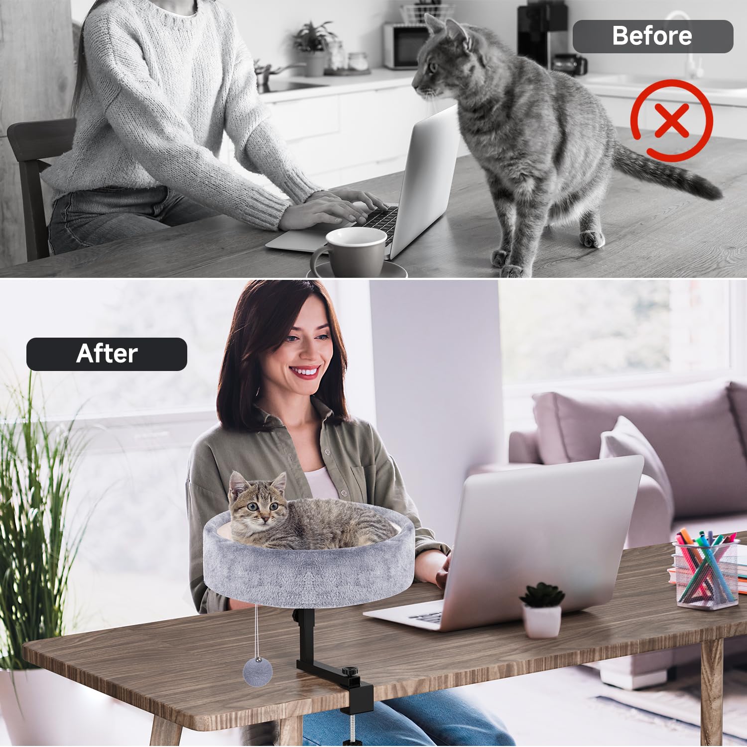 Chumajor Cat Desk Bed - 360° Rotating & Adjustable, Supports 44 lbs, Soft Faux Fur with Dual-Sided Reversible Mat, Modern Indoor Cat Nest Furniture for Office Desks and Game Tables, Island Table