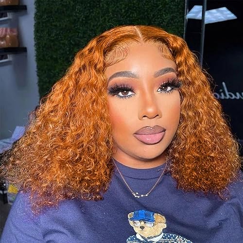 QNQZ 10 Inch Orange Ginger Lace Front Wig Pre Plucked Deep Part Curly Human Hair Wigs 13x4 HD Lace Frontal Human Hair Ginger Wig Lace Front Human Hair with Baby Hair 180% Density