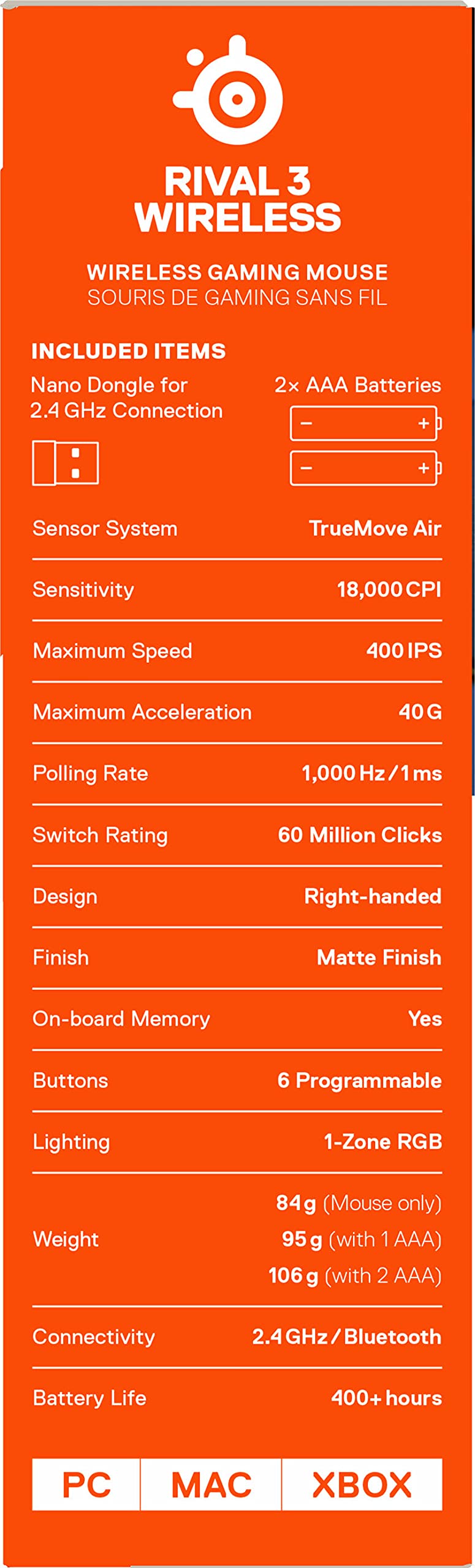 SteelSeries Rival 3 Wireless - Souris Gamer - Plus de 400 Heures d'autonomie - Dual Wireless 2,4 GHz et Bluetooth 5.0-60 Millions de clics Noir
