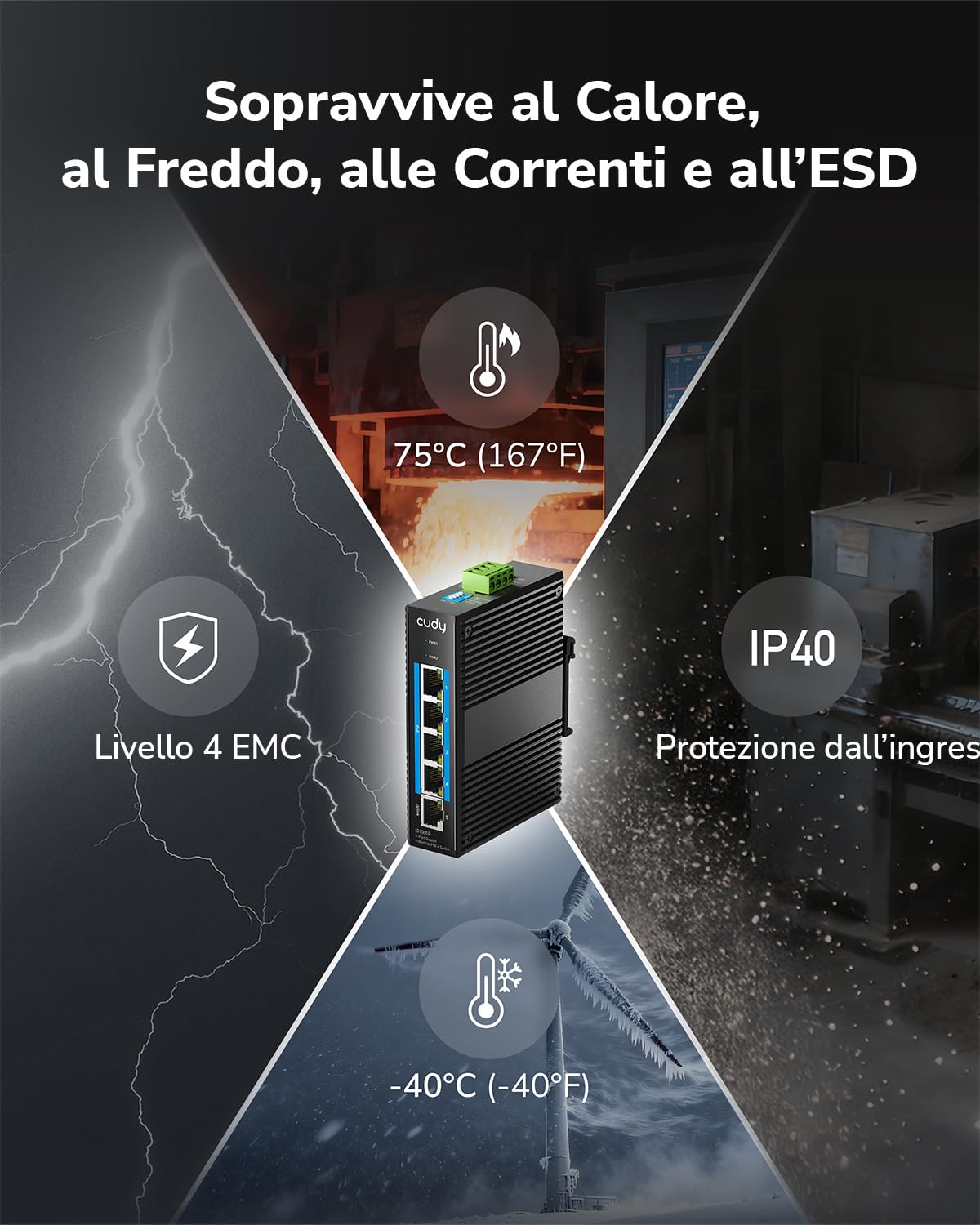 Cudy Switch PoE+ Industriale 5 Porte, 4+1, Guida DIN, -40~75C, IG1005P | 4x PoE+ 120W, 1x Uplink, Guida DIN, -40~75C, Doppio DC 48-57V, IP40, 6kV Sovratensione, Plug Play, industriale
