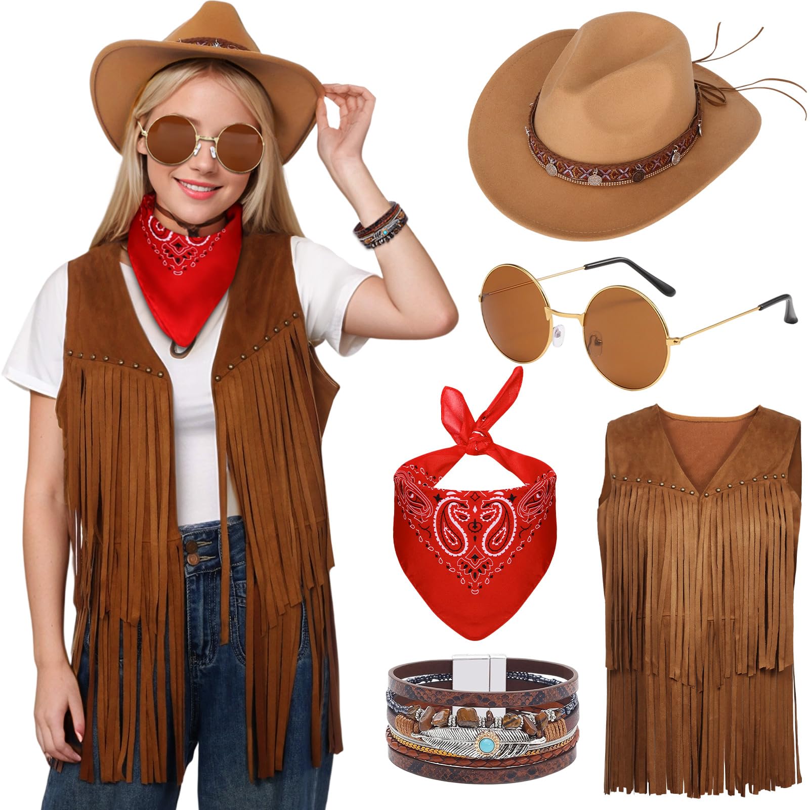 Antsparty Cowgirl Outfits for Women, Cowgirl Fancy Dress with Tassel Vest Cowboy Hat Red Bandana Sunglasses, 70s Hippy Fancy Dress for Western Cowboy Party