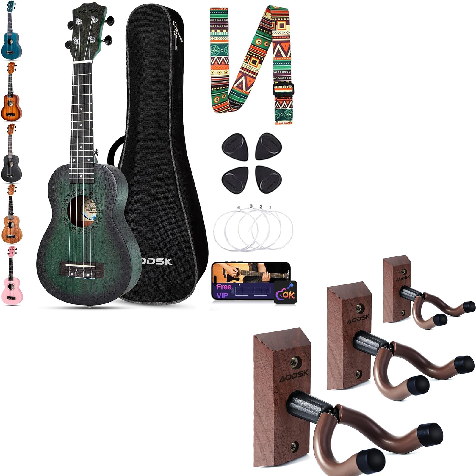 Ukulele For Beginners,Starter Bundle Kit with Free Gig Bag Strap,Professional Acoustic Ukelele +AODSK Guitar Wall Mount 3 Pack, Safe Storage and Display for Guitar Ukulele