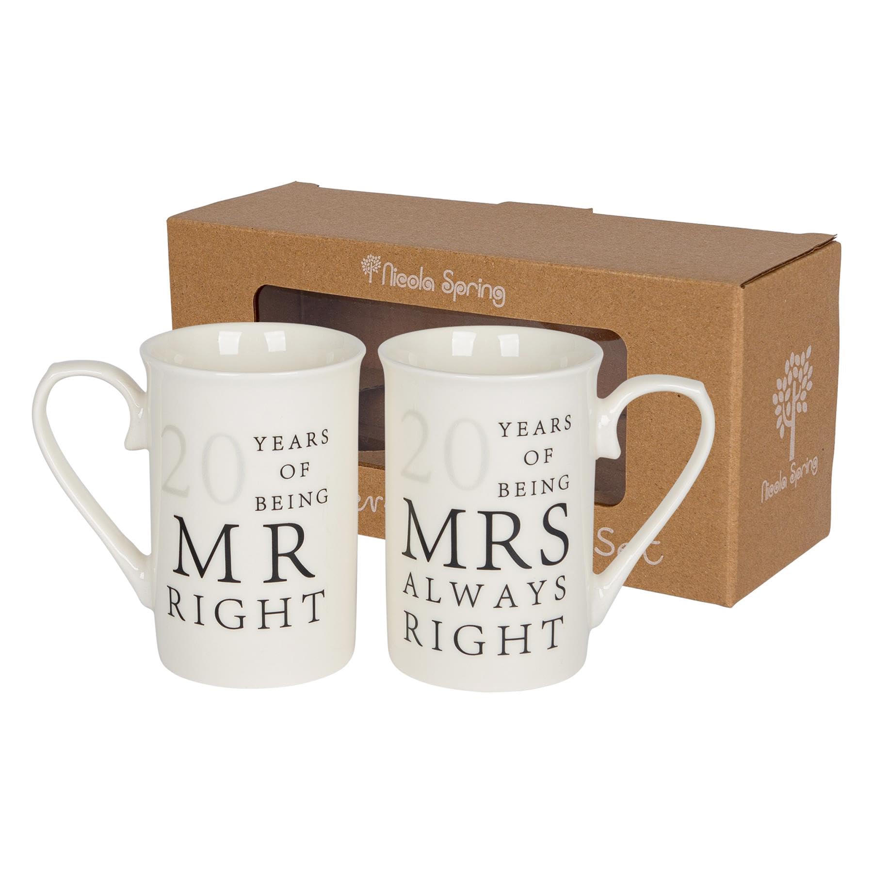 Nicola Spring 20th Anniversary Coffee Mug Set - 300ml Set of 2 New Bone China Coffee Teacup Drinking Mugs for Wedding, Milestone Celebration, His & Hers, Mr Right Mrs Always Right Couples Gift Box